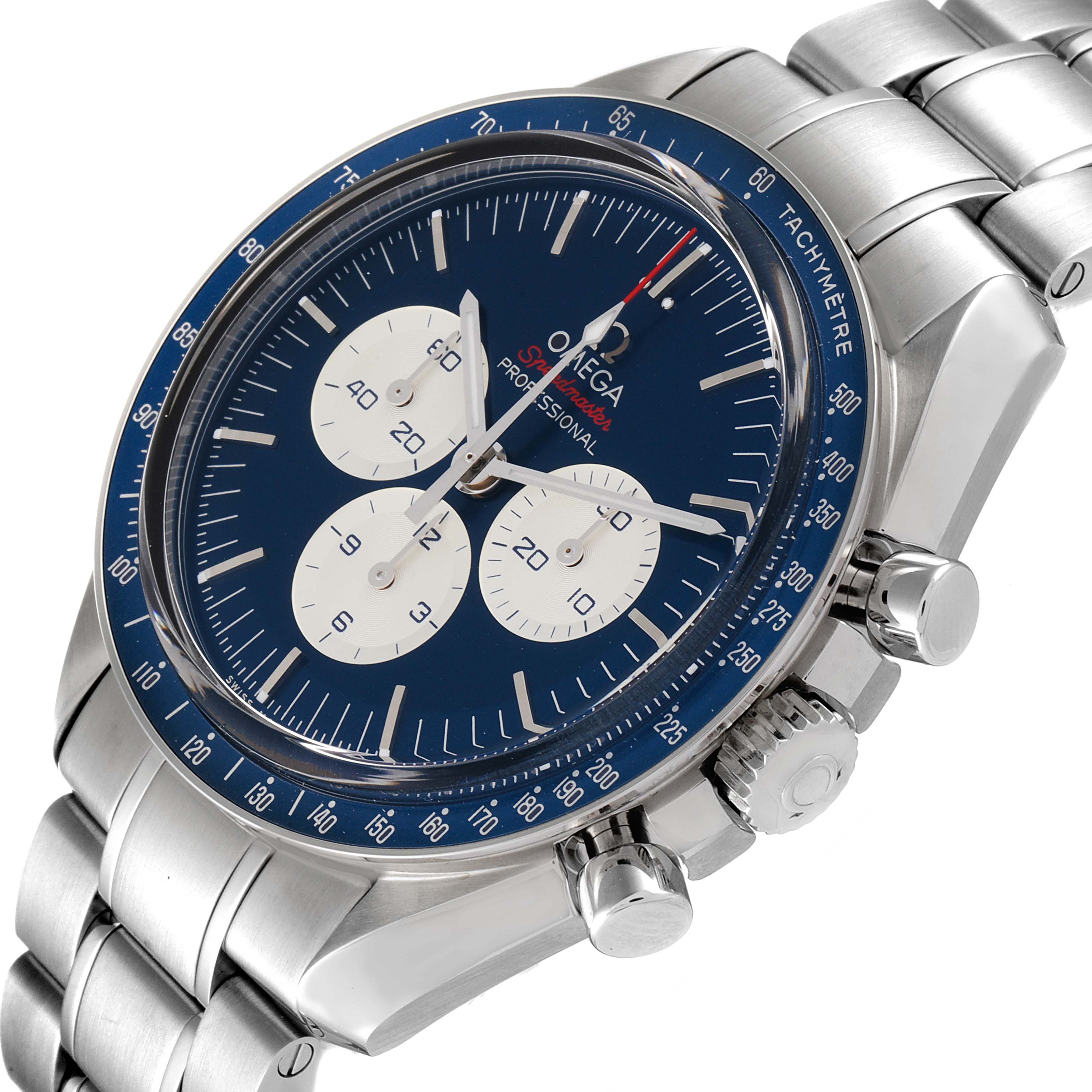 The Omega Speedmaster 522.30.42.30.03.001 Men's Stainless Steel Blue Dial 522.30.42.30.03.001 Men's Stainless Steel Blue Dial watch is shown at an angle displaying the face, side buttons, and part of the metal band.