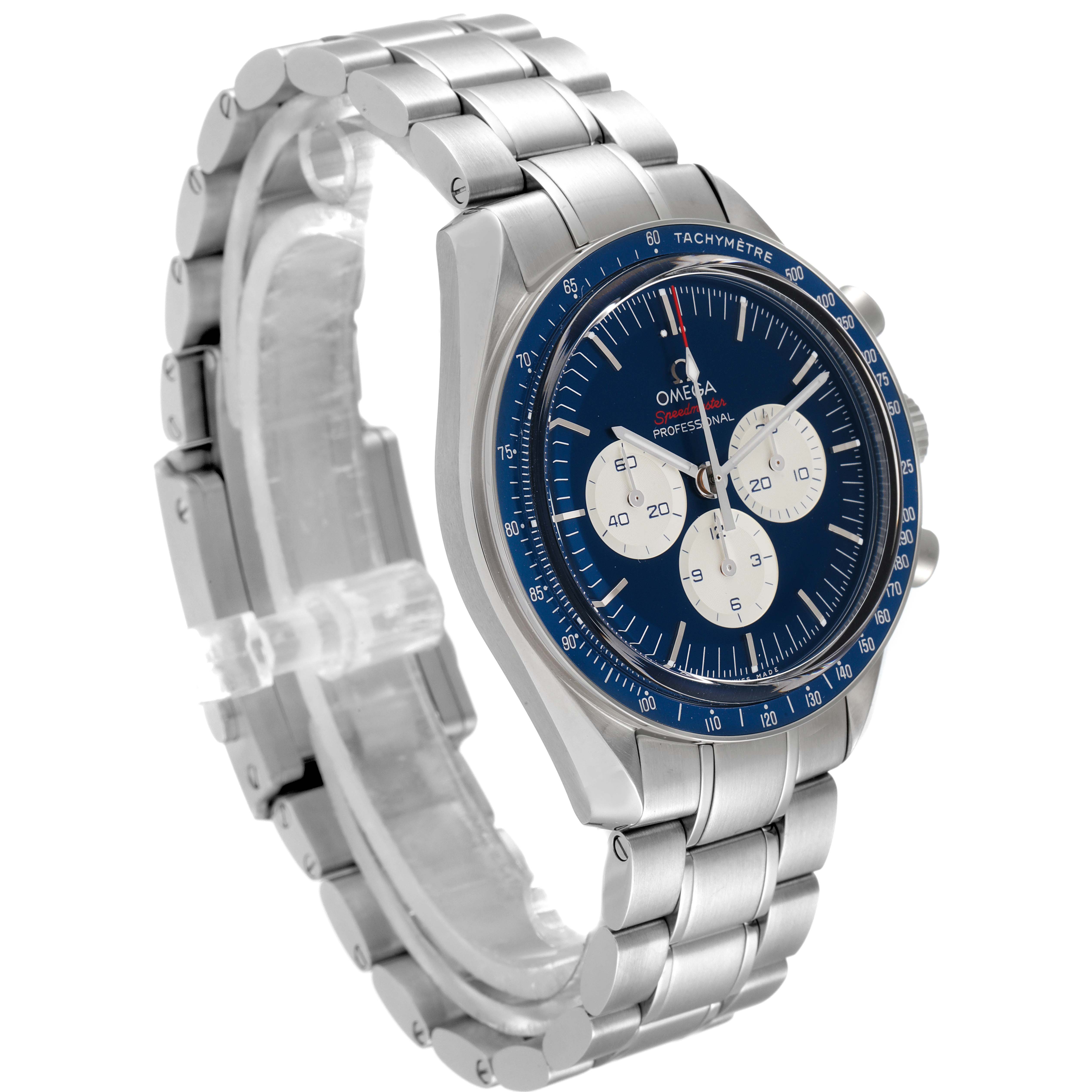 The image shows an angled view of an Omega Speedmaster 522.30.42.30.03.001 Men's Stainless Steel Blue Dial 522.30.42.30.03.001 Men's Stainless Steel Blue Dial watch, highlighting its dial, bezel, and bracelet.