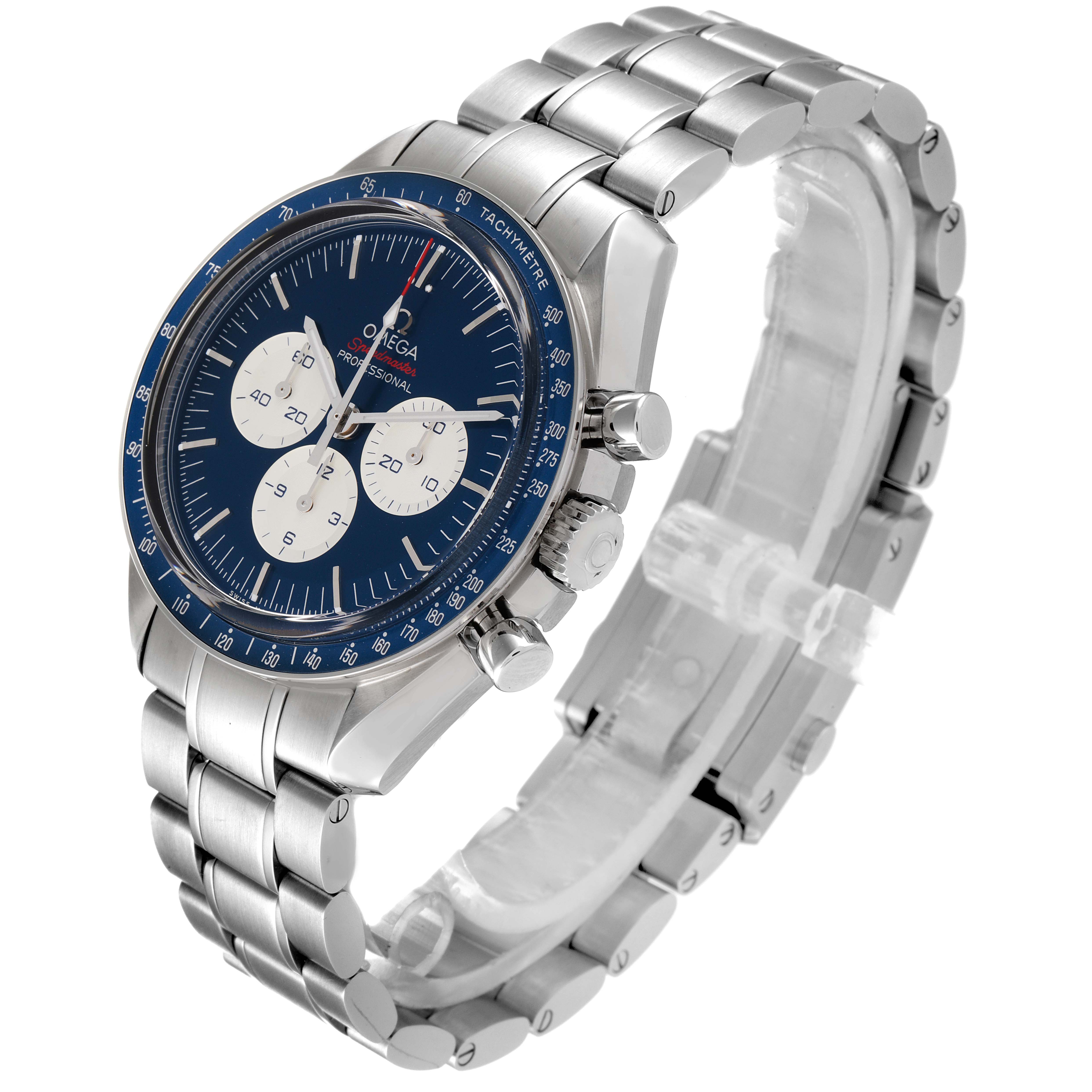 The Omega Speedmaster 522.30.42.30.03.001 Men's Stainless Steel Blue Dial 522.30.42.30.03.001 Men's Stainless Steel Blue Dial watch is shown at an angled view, highlighting its blue dial, tachymeter bezel, chronograph sub-dials, and metal bracelet.