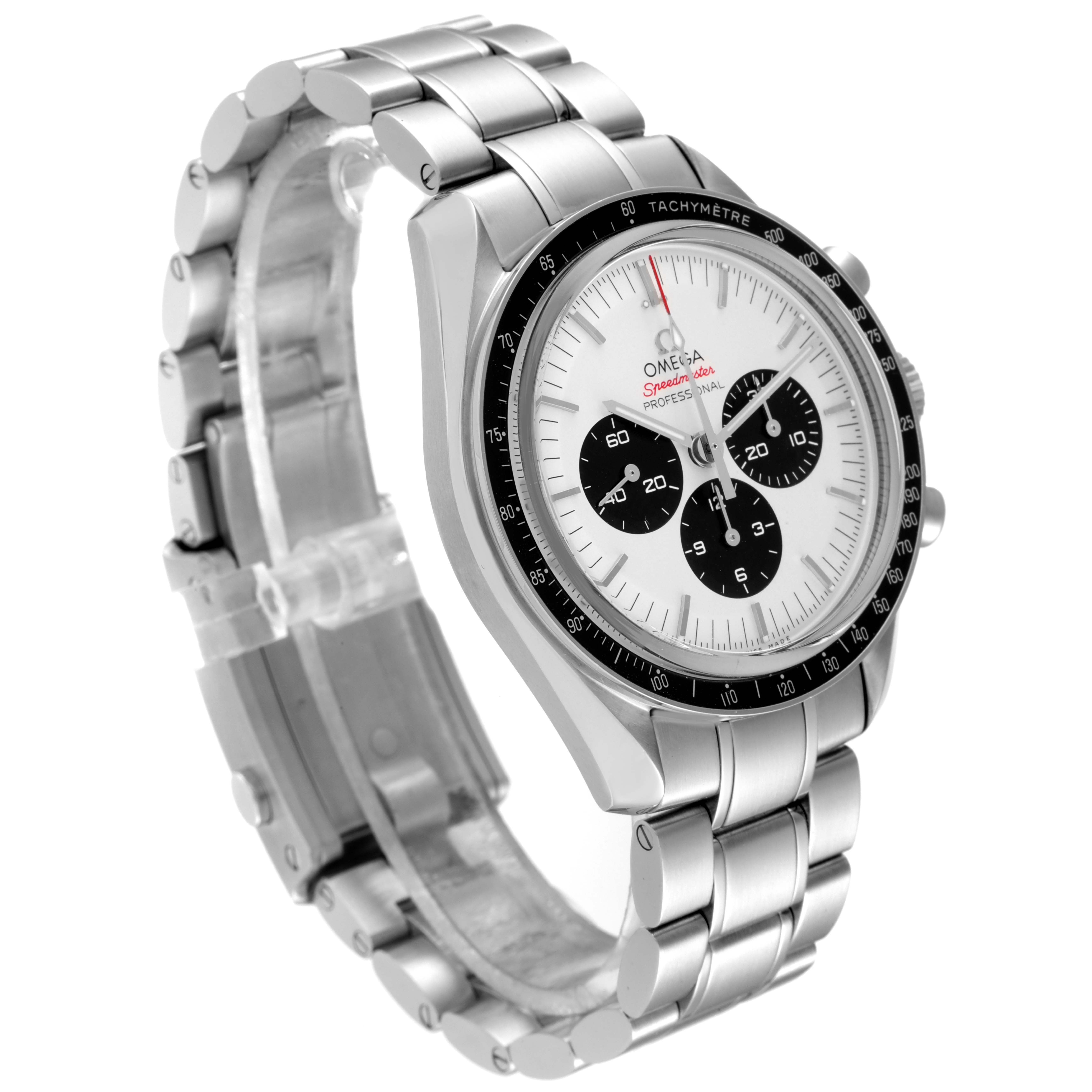 The image shows an Omega Speedmaster 522.30.42.30.04.001 Men's Stainless Steel White Dial 522.30.42.30.04.001 Men's Stainless Steel White Dial watch angled to display its face, tachymeter, and metal bracelet.