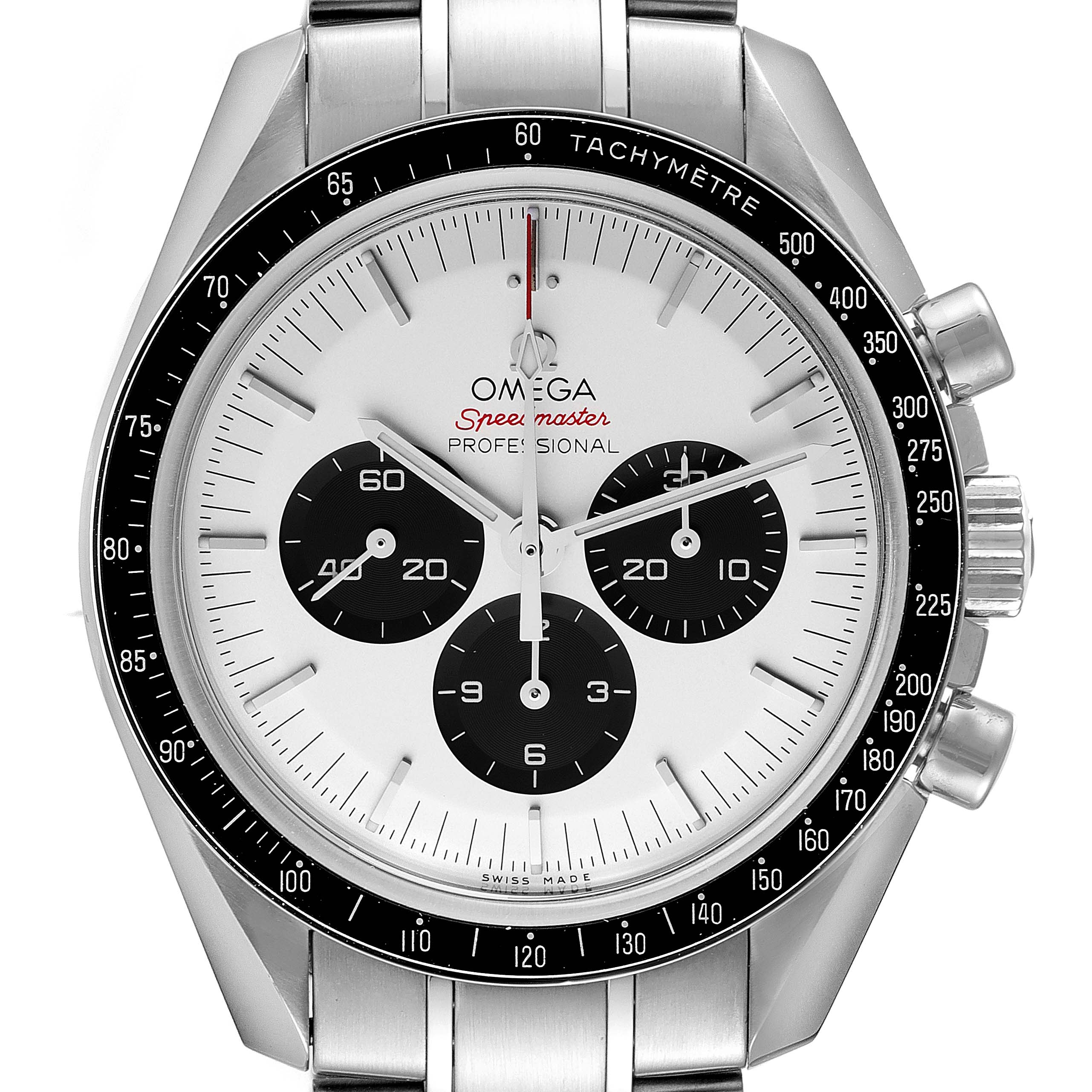 This image shows the front view of an Omega Speedmaster 522.30.42.30.04.001 Men's Stainless Steel White Dial 522.30.42.30.04.001 Men's Stainless Steel White Dial, highlighting the face, bezel, and chronograph subdials.
