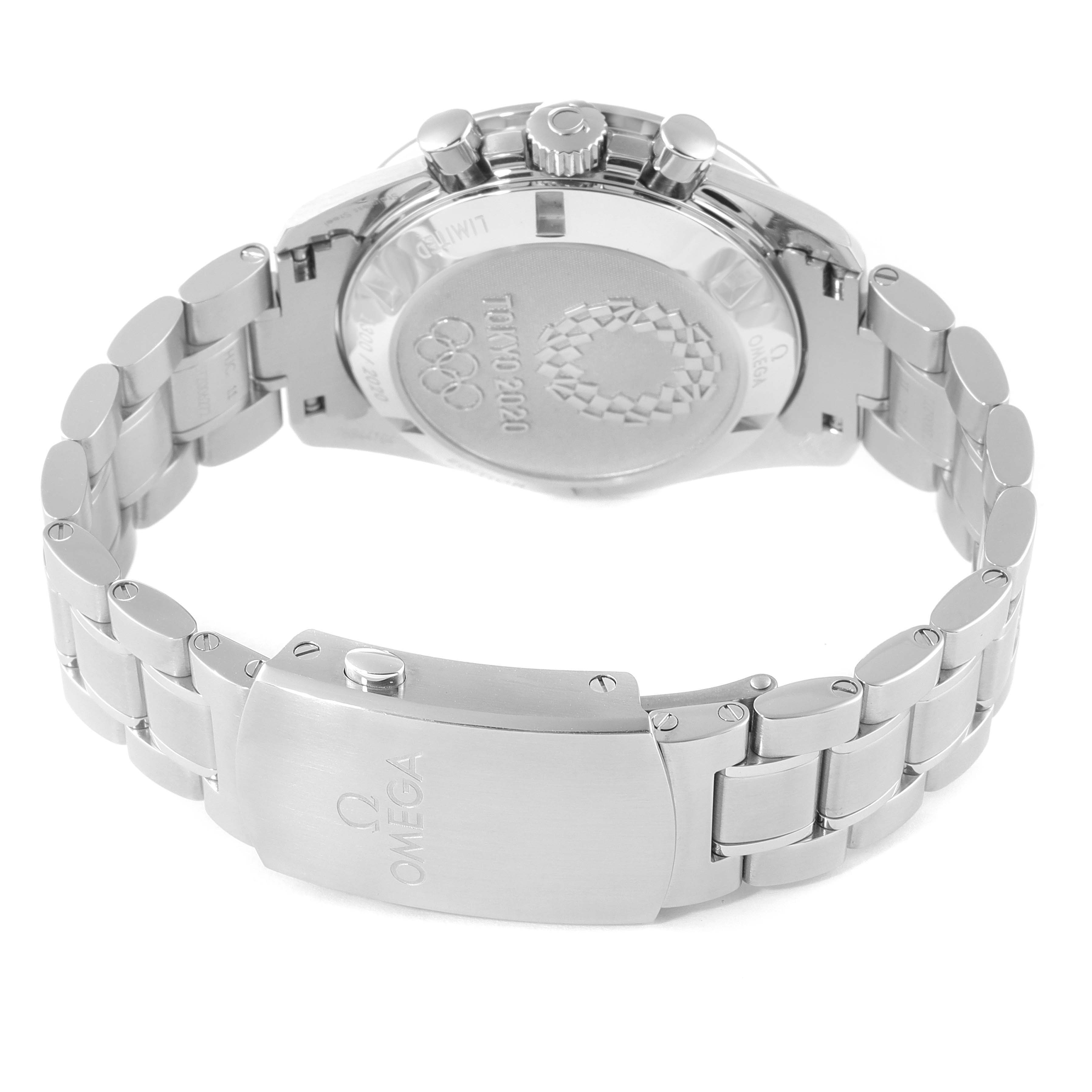 The image shows the back view of an Omega Speedmaster 522.30.42.30.04.001 Men's Stainless Steel White Dial 522.30.42.30.04.001 Men's Stainless Steel White Dial watch, focusing on the clasp and case back.