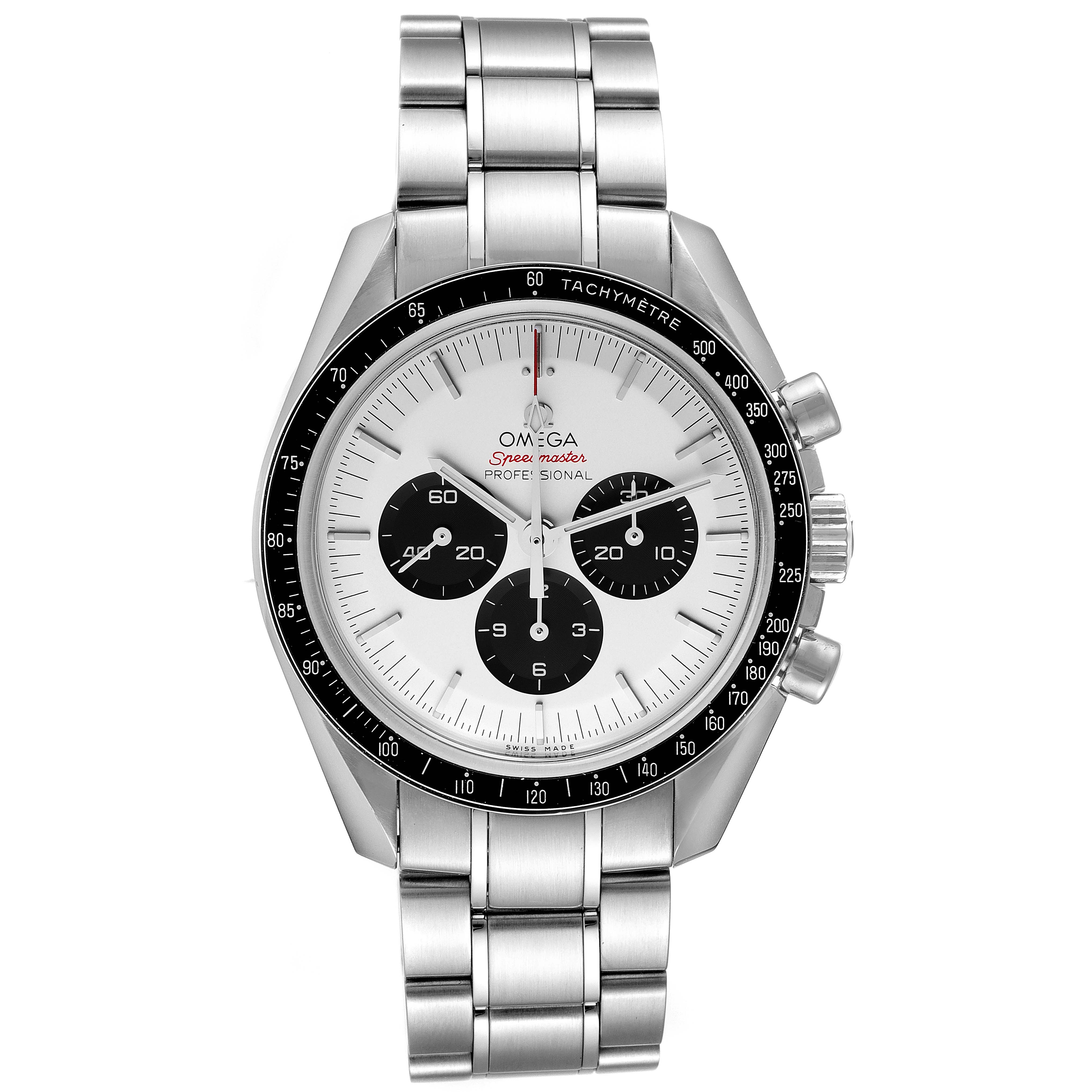 The Omega Speedmaster 522.30.42.30.04.001 Men's Stainless Steel White Dial 522.30.42.30.04.001 Men's Stainless Steel White Dial watch is displayed from a top-down angle showing the face, bezel, and bracelet.