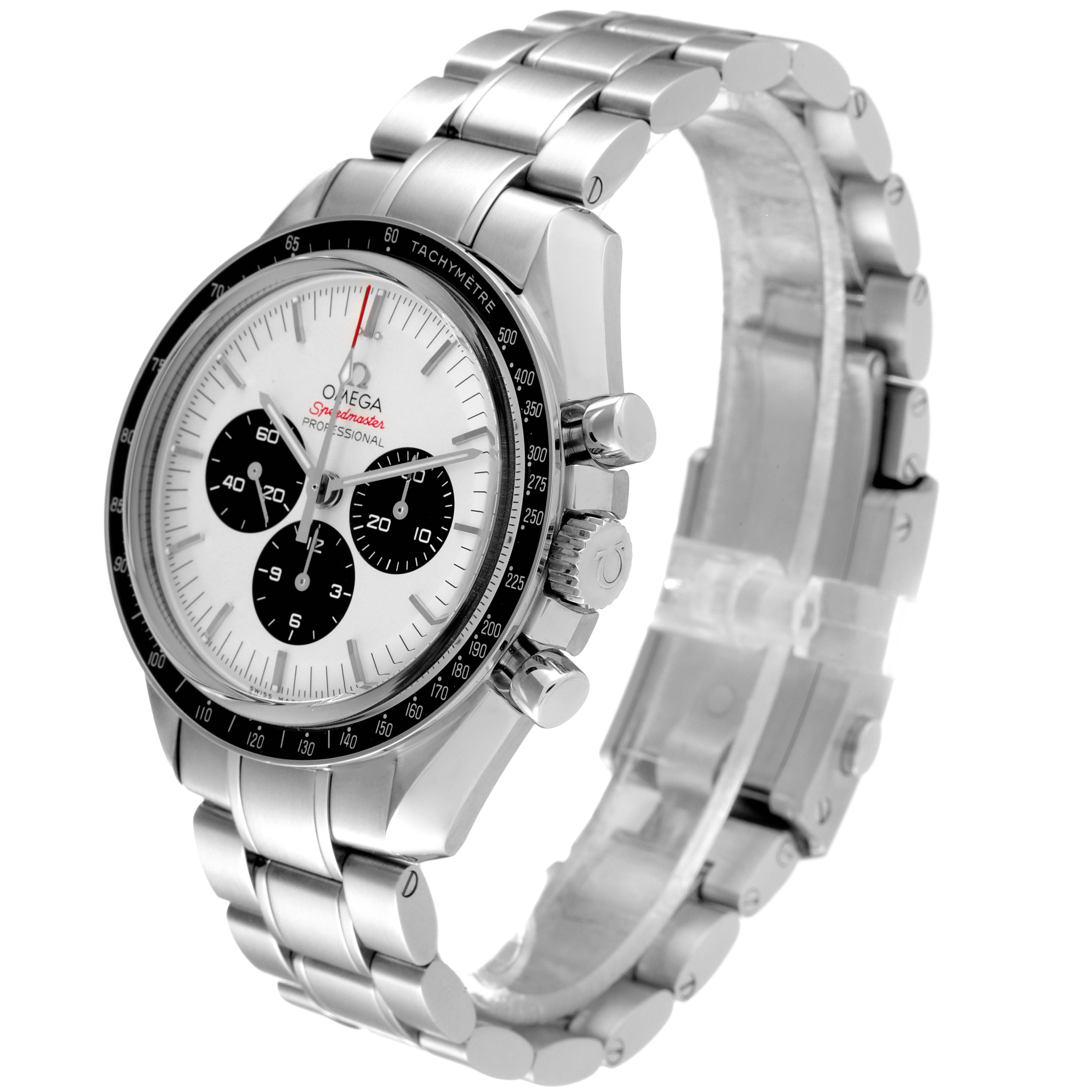 The image shows a side angle view of an Omega Speedmaster 522.30.42.30.04.001 Men's Stainless Steel White Dial 522.30.42.30.04.001 Men's Stainless Steel White Dial watch, highlighting the face, bezel, crown, pushers, and metal bracelet.