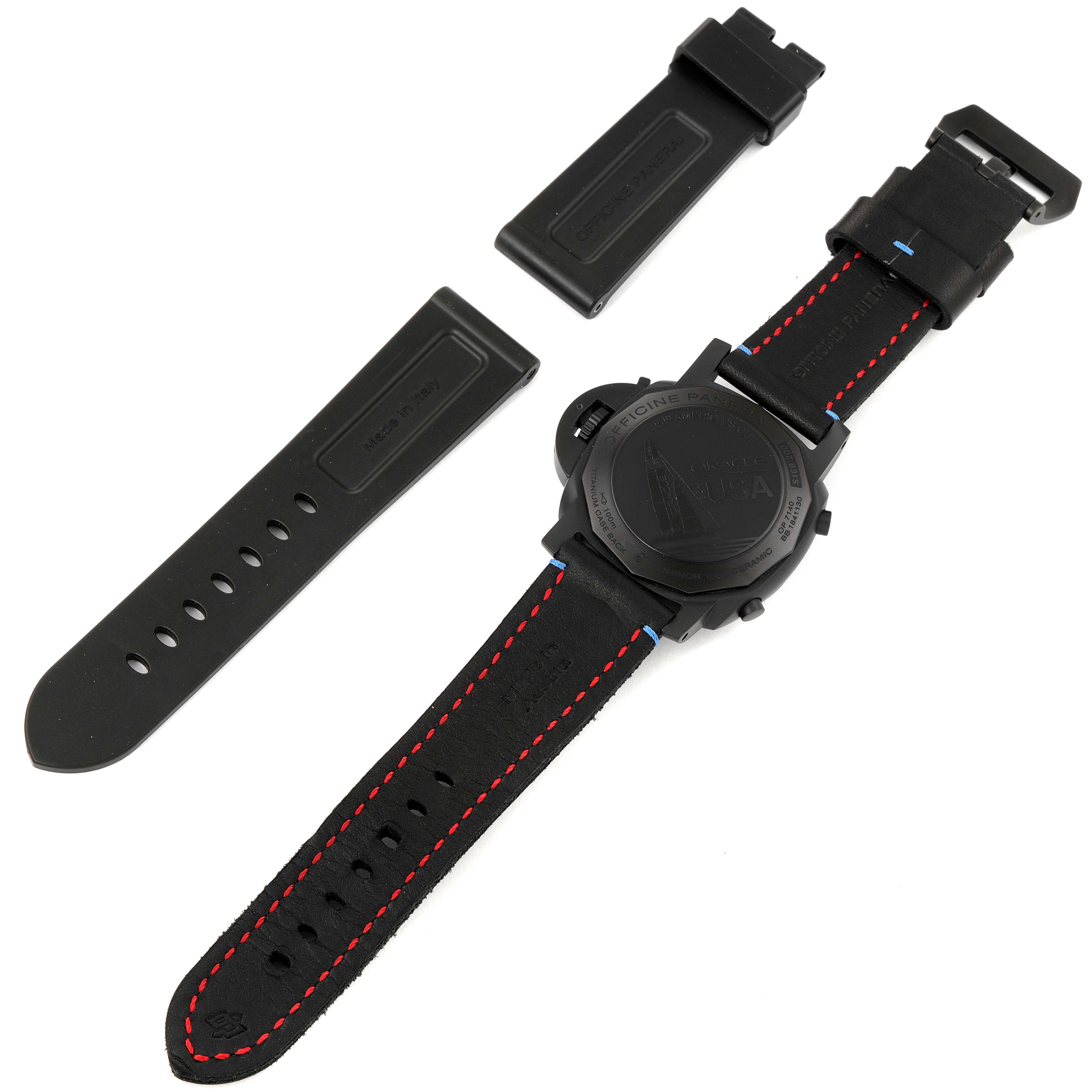 The image shows the back of the Panerai Luminor PAM00725 Men's Ceramic Black Dial PAM00725 Men's Ceramic Black Dial watch and two additional strap pieces.