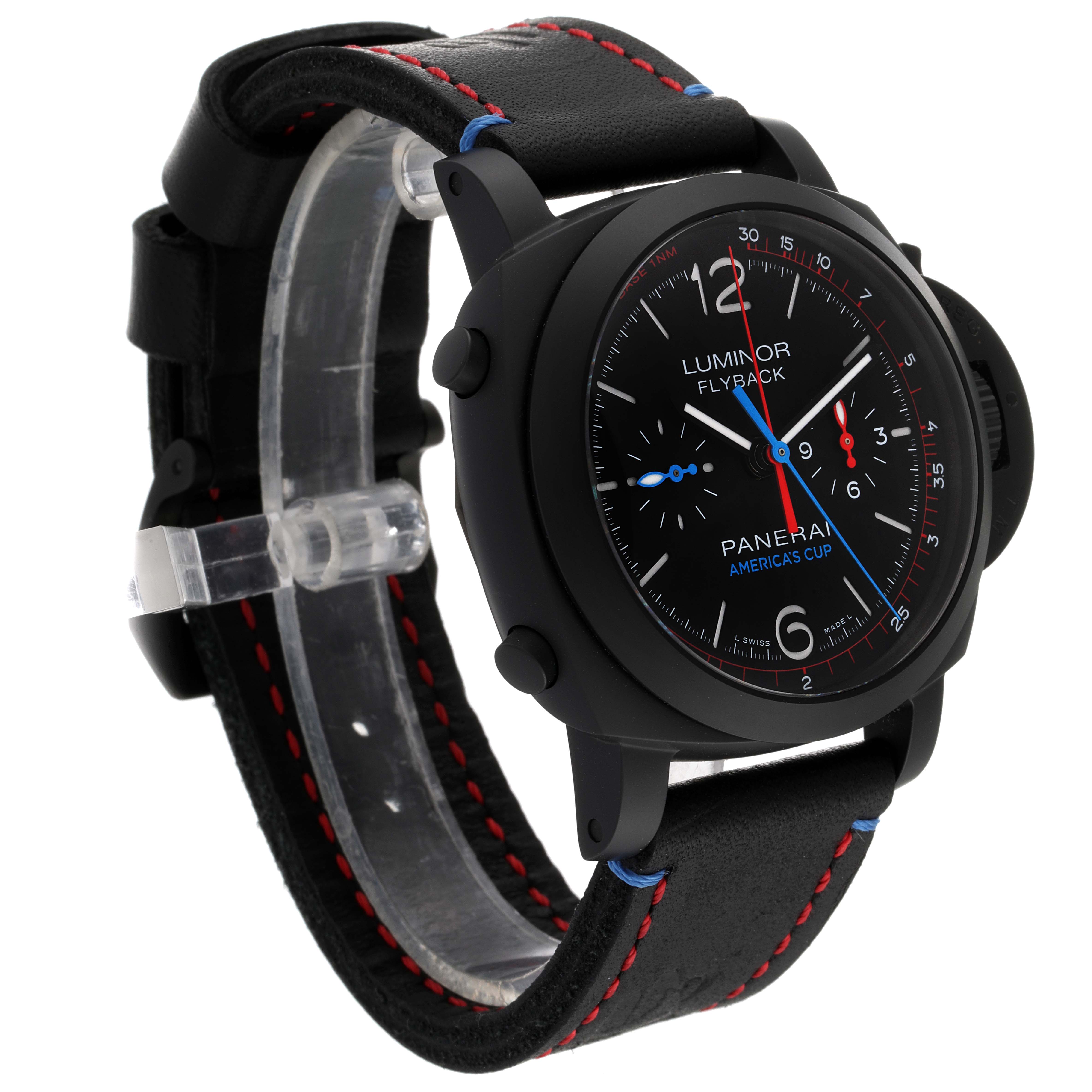 The image shows a side angle view of the Panerai Luminor PAM00725 Men's Ceramic Black Dial PAM00725 Men's Ceramic Black Dial Flyback watch, highlighting the face, crown guard, and strap details.