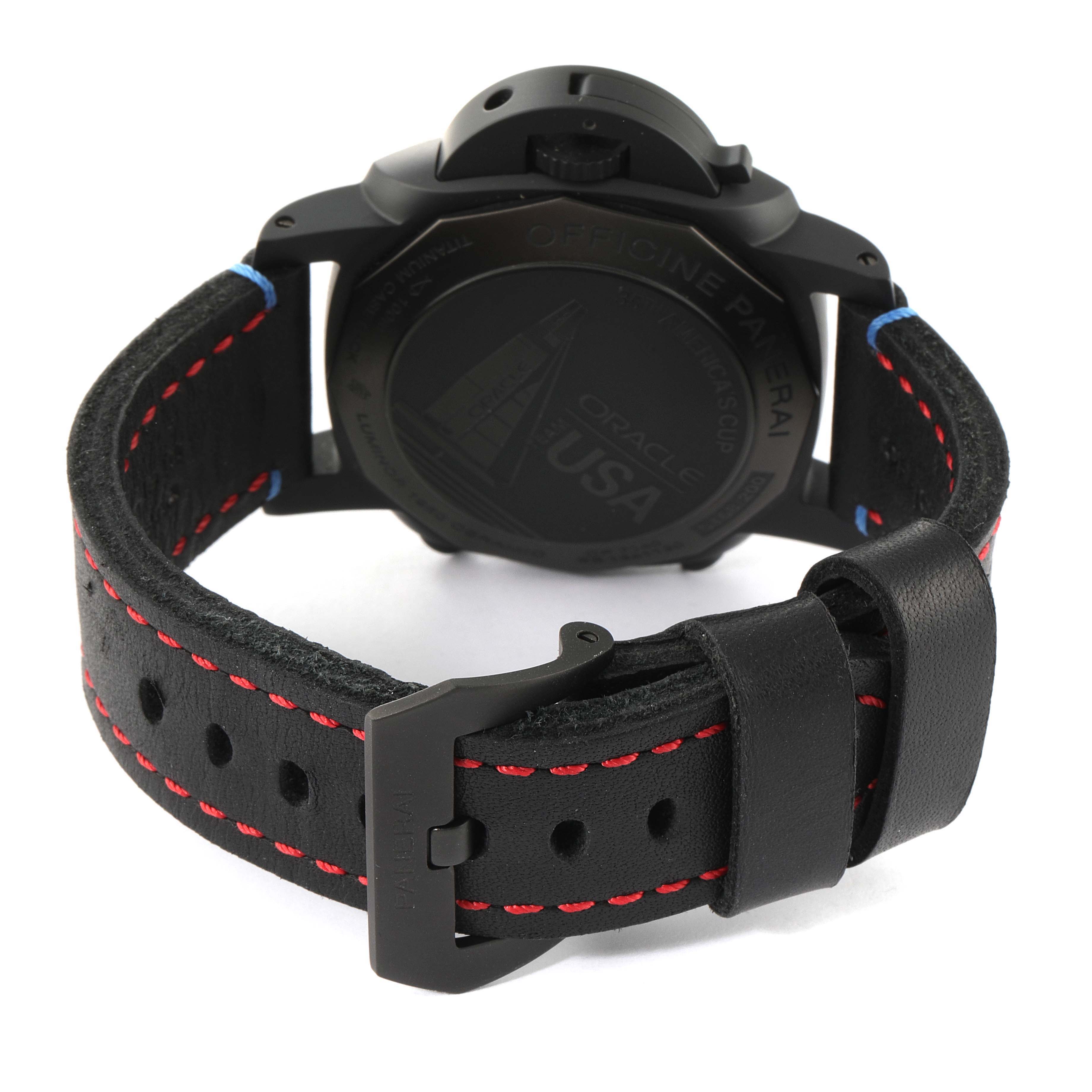 The image shows the back and buckle of a Panerai Luminor PAM00725 Men's Ceramic Black Dial PAM00725 Men's Ceramic Black Dial watch, including the strap and case back engravings.