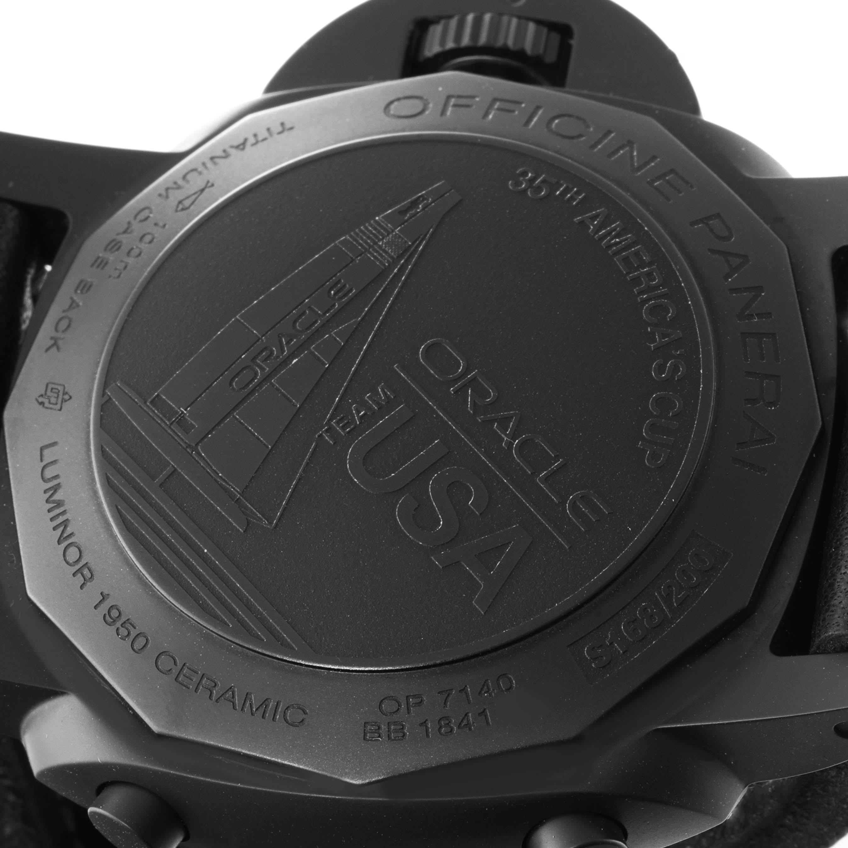 The image shows the back case of a Panerai Luminor PAM00725 Men's Ceramic Black Dial PAM00725 Men's Ceramic Black Dial 1950 Ceramic watch, displaying branding and model details.