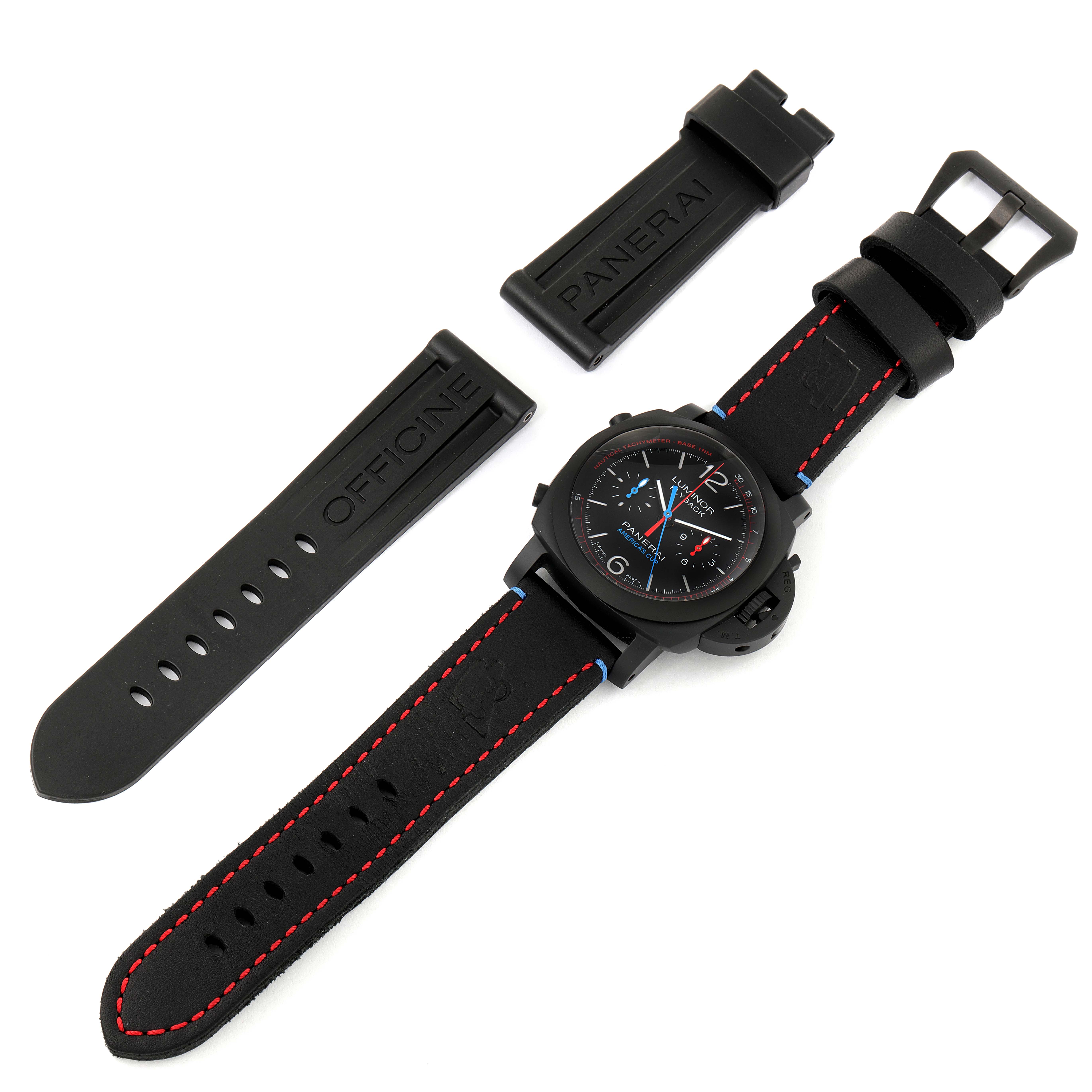 The image shows a Panerai Luminor PAM00725 Men's Ceramic Black Dial PAM00725 Men's Ceramic Black Dial watch with a black strap and additional interchangeable rubber straps laid out flat.