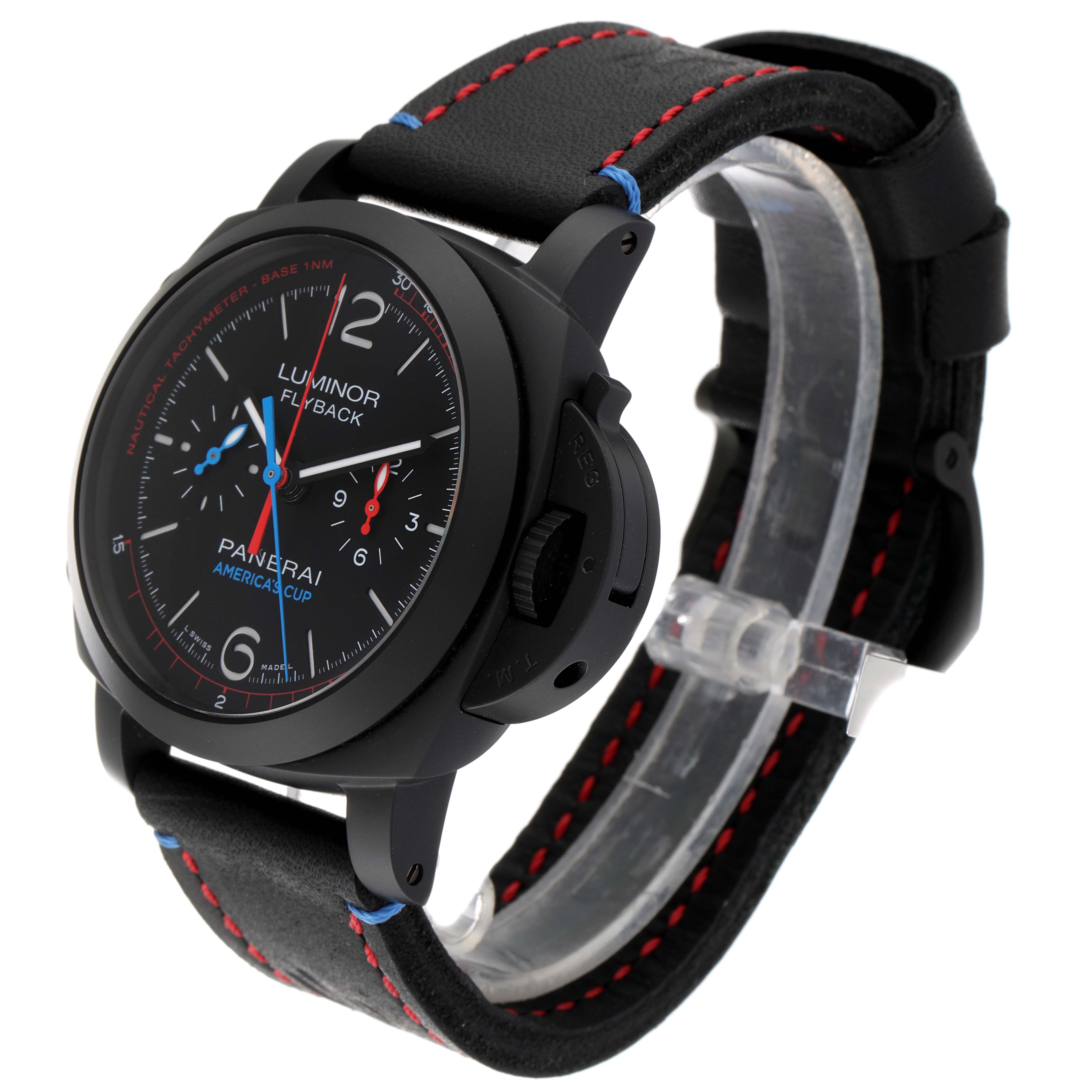 The image shows a Panerai Luminor PAM00725 Men's Ceramic Black Dial PAM00725 Men's Ceramic Black Dial Flyback watch, angled to display its face, strap, and crown guard, highlighting its black casing and detailed dial.