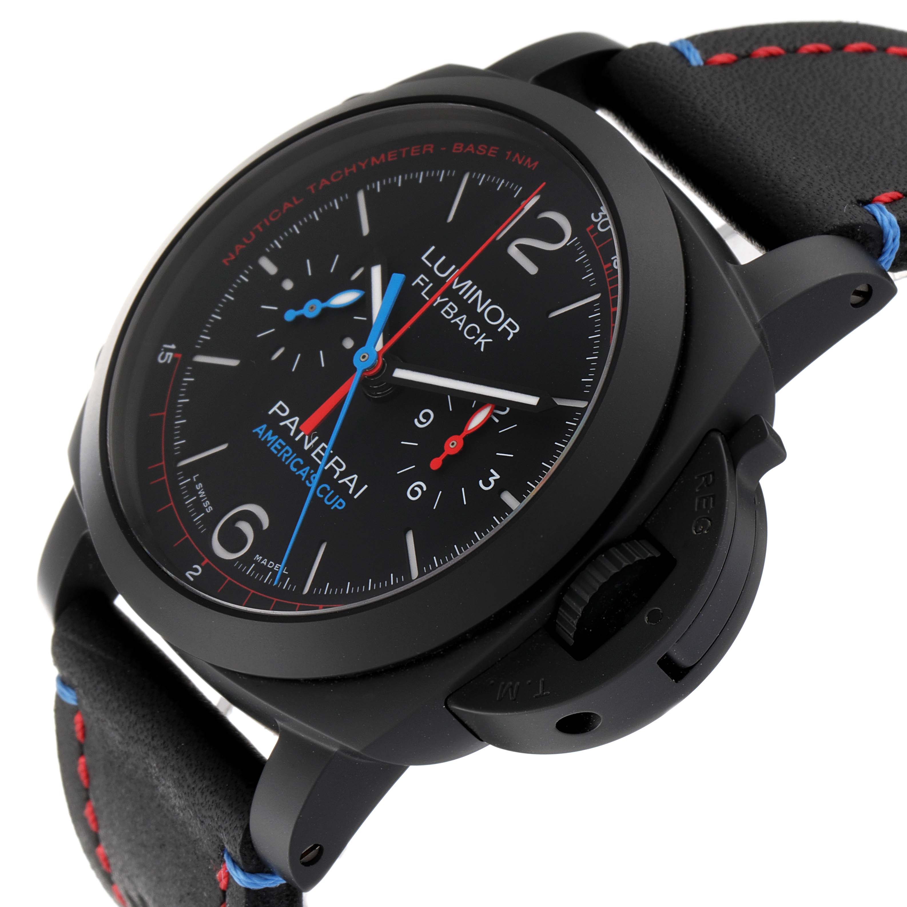 The image shows a Panerai Luminor PAM00725 Men's Ceramic Black Dial PAM00725 Men's Ceramic Black Dial watch at a slight side angle, highlighting its black case, dial, and tachymeter.