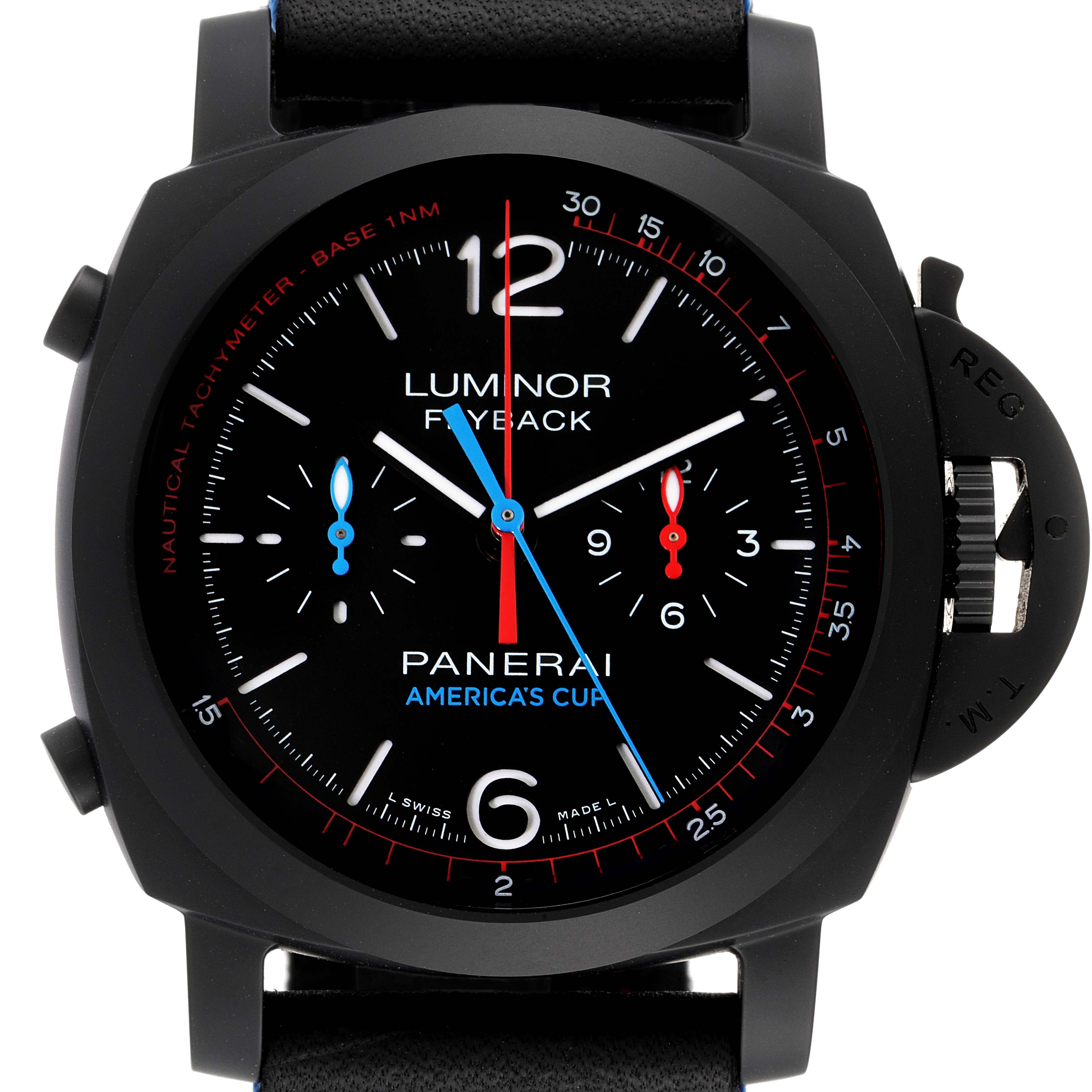 The image shows a frontal view of a Panerai Luminor PAM00725 Men's Ceramic Black Dial PAM00725 Men's Ceramic Black Dial Flyback watch, highlighting the dial, hands, and crown guard.