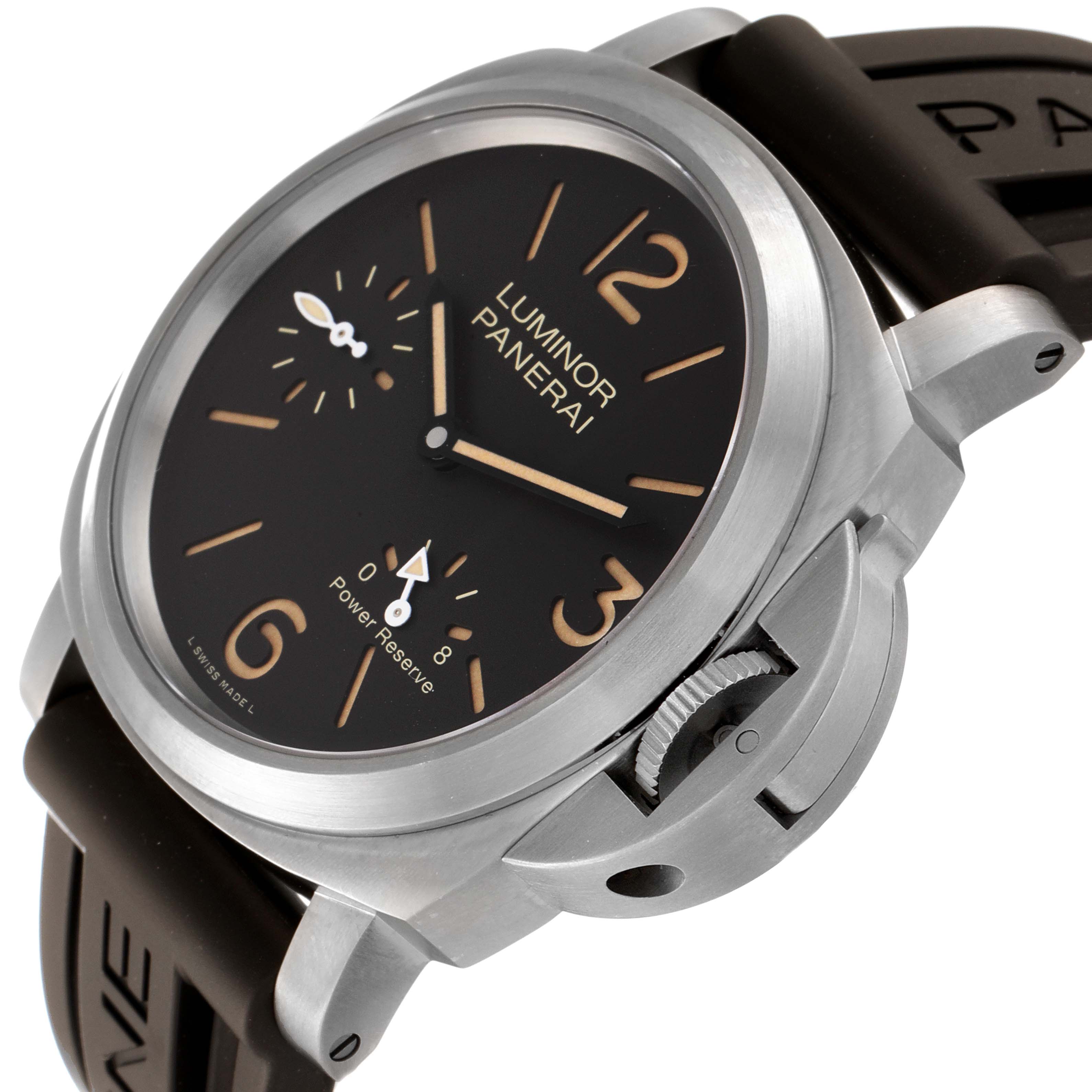 The image shows a close-up angled view of a Panerai Luminor PAM00797 Men's Titanium Brown Dial PAM00797 Men's Titanium Brown Dial watch, highlighting its dial, crown guard, and strap.