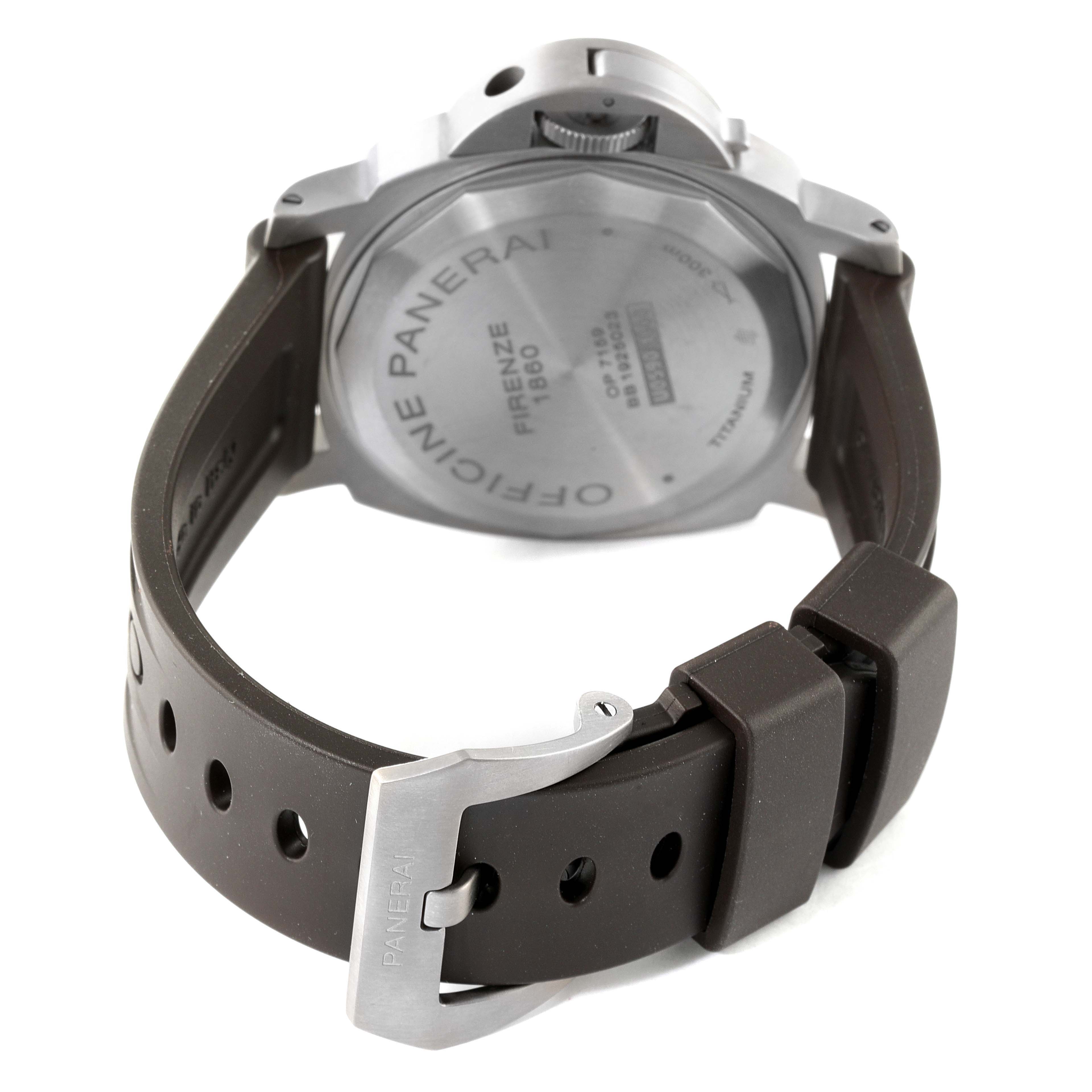 The image shows the back case and strap of the Panerai Luminor PAM00797 Men's Titanium Brown Dial PAM00797 Men's Titanium Brown Dial watch, viewed from the rear angle.