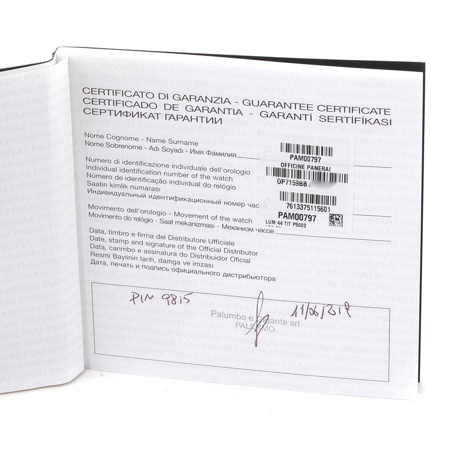 This is a close-up image of the guarantee certificate for a Panerai Luminor PAM00797 Men's Titanium Brown Dial PAM00797 Men's Titanium Brown Dial watch model PAM00797.