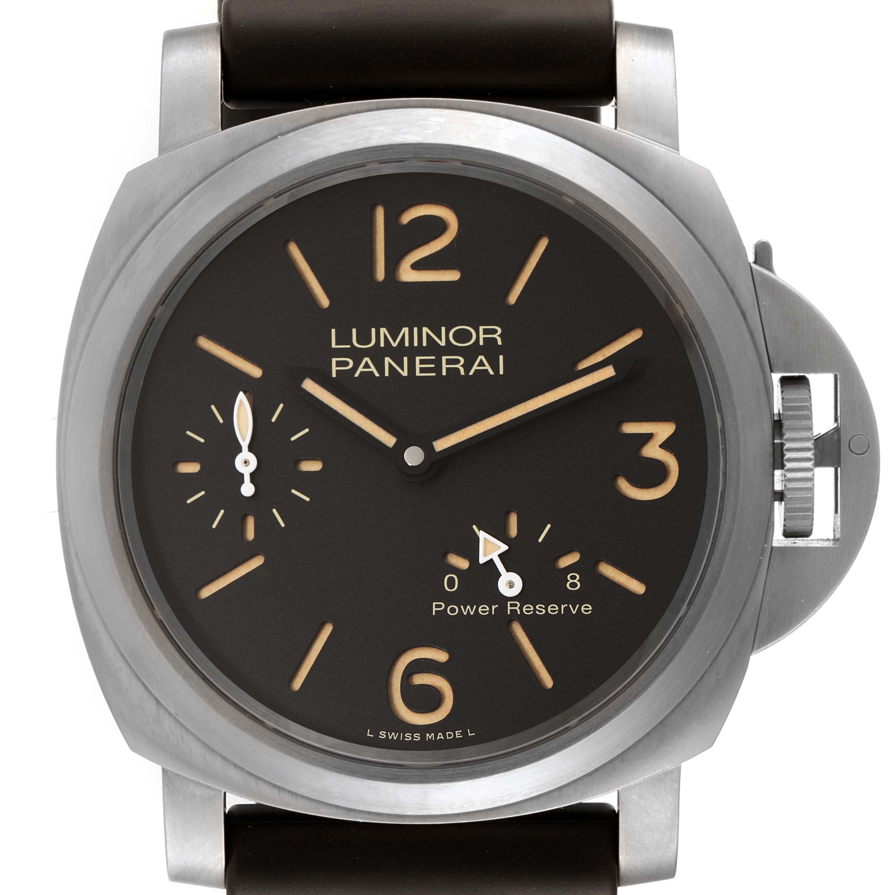 This image shows a front view of the Panerai Luminor PAM00797 Men's Titanium Brown Dial PAM00797 Men's Titanium Brown Dial watch, featuring its dial, hands, and crown guard.