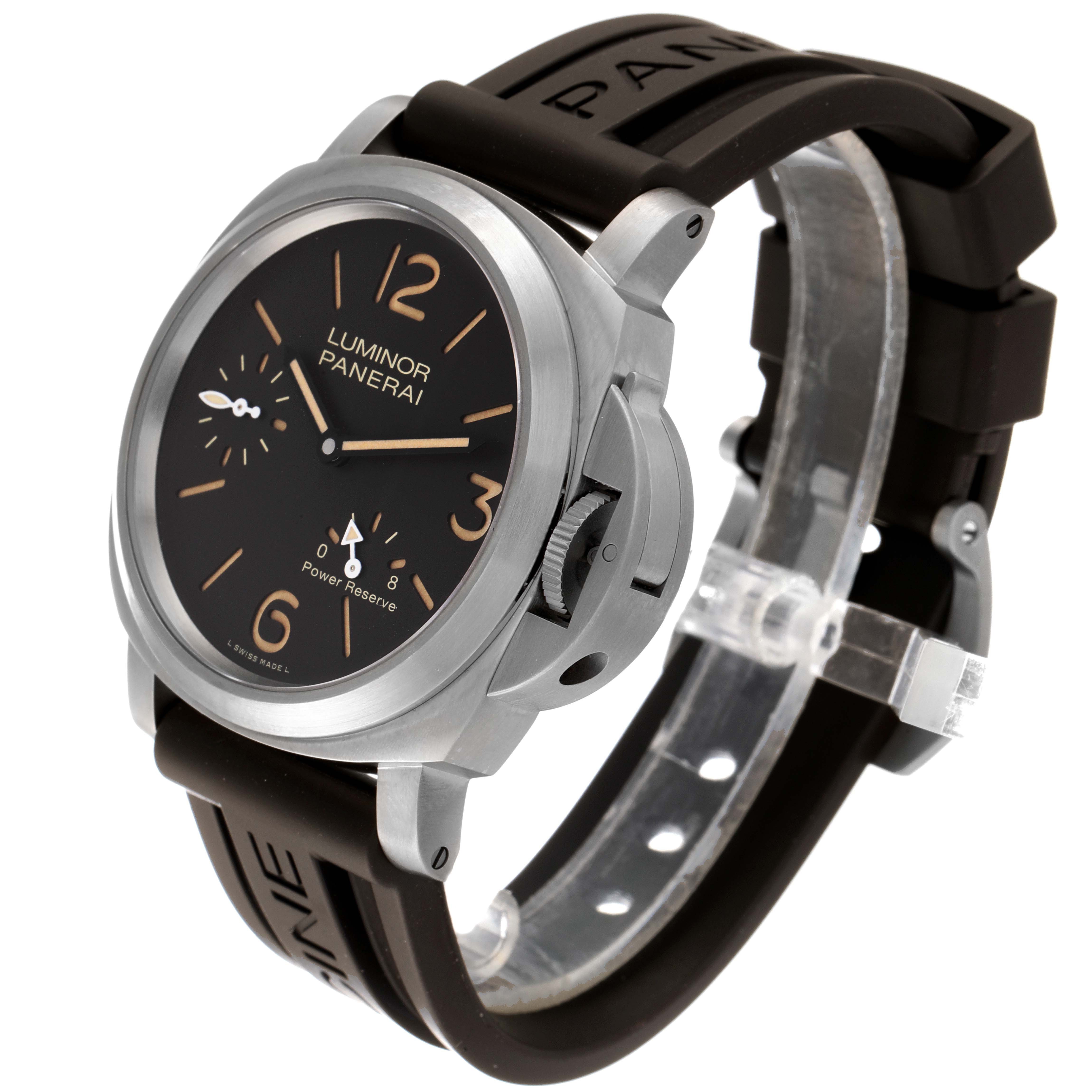 This image shows the Panerai Luminor PAM00797 Men's Titanium Brown Dial PAM00797 Men's Titanium Brown Dial watch from an angled side view, featuring the dial, crown guard, and rubber strap.