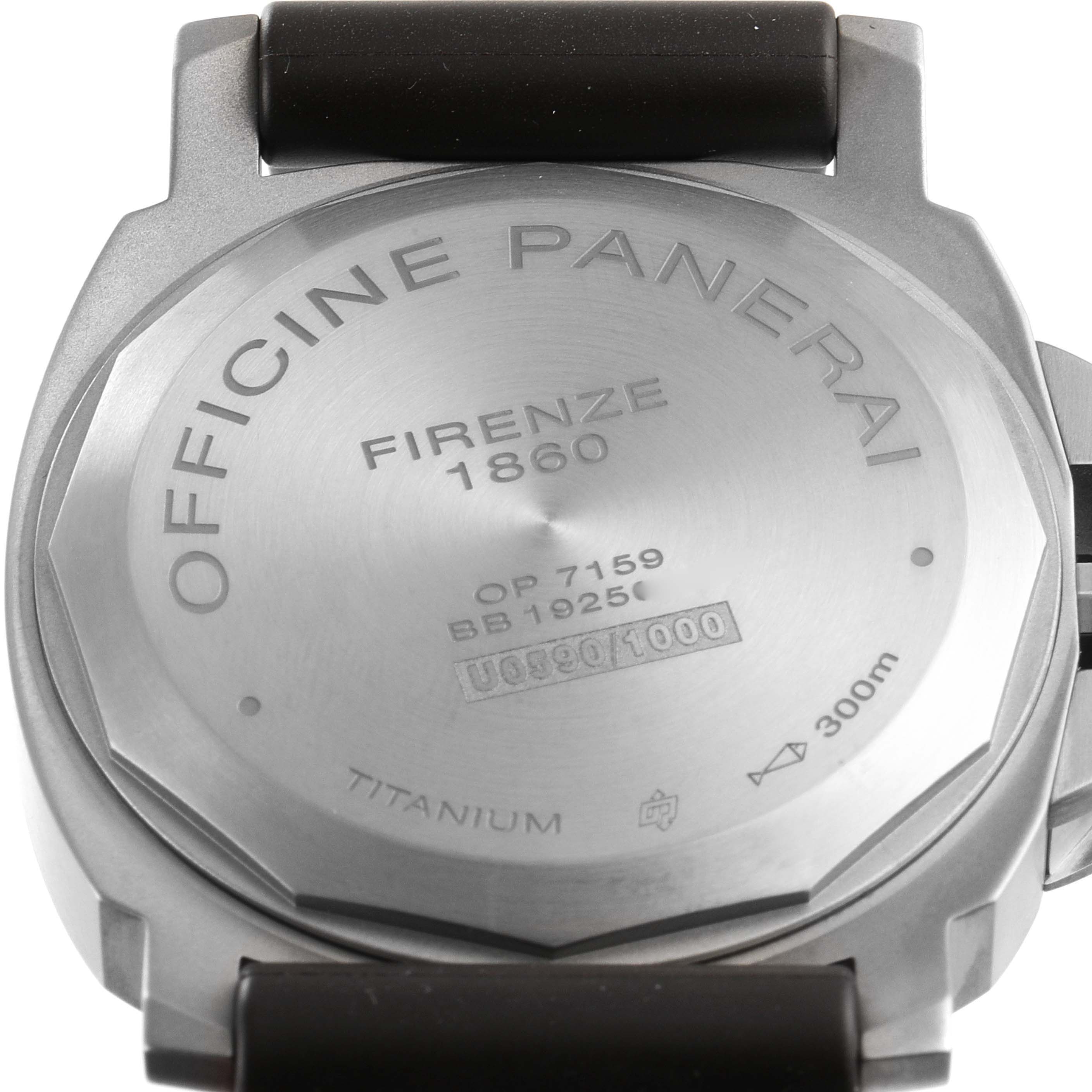 This image shows the back case of a Panerai Luminor PAM00797 Men's Titanium Brown Dial PAM00797 Men's Titanium Brown Dial watch, highlighting inscriptions and construction materials.