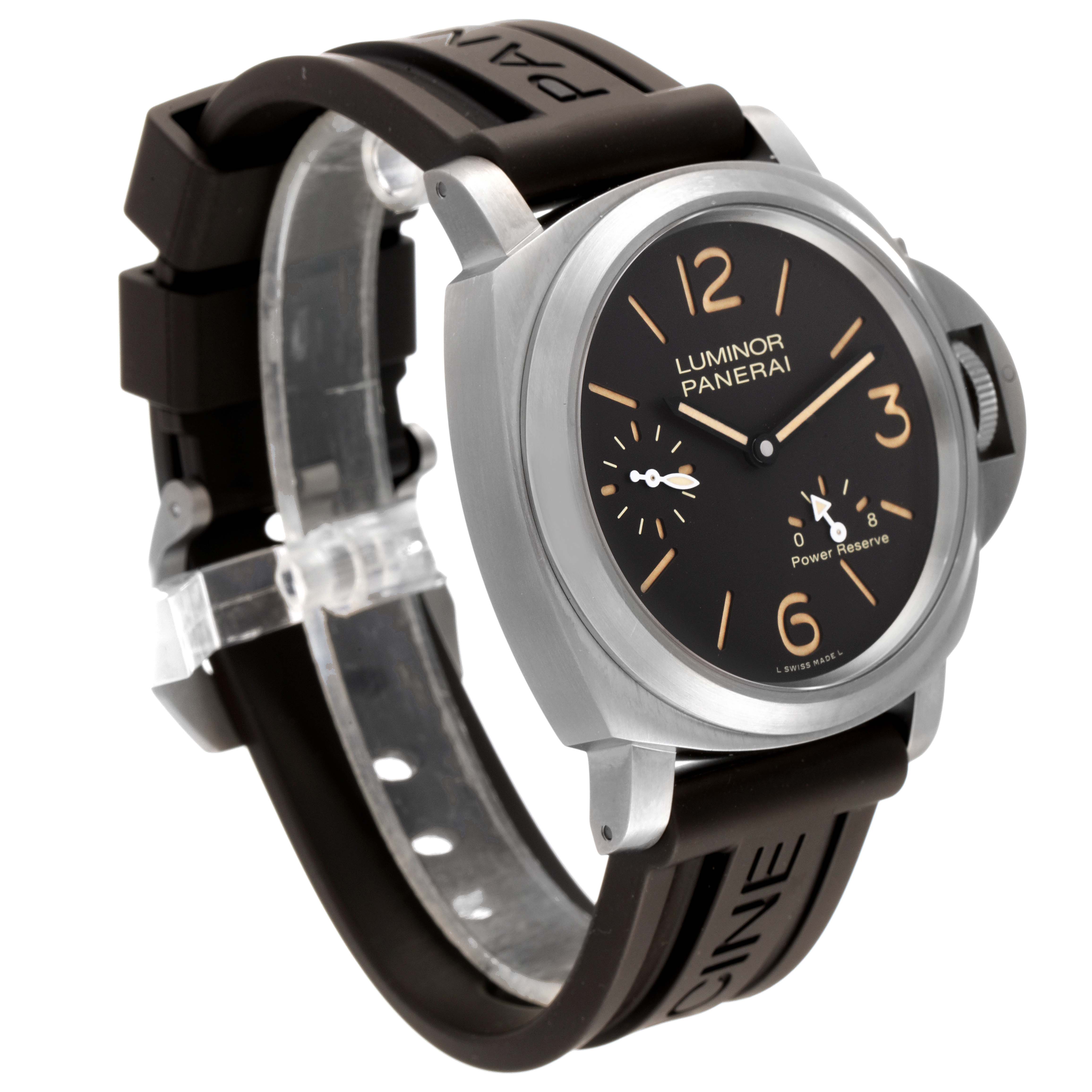 The image shows a Panerai Luminor PAM00797 Men's Titanium Brown Dial PAM00797 Men's Titanium Brown Dial model watch at a 3/4 angle, highlighting the face, crown, and strap.