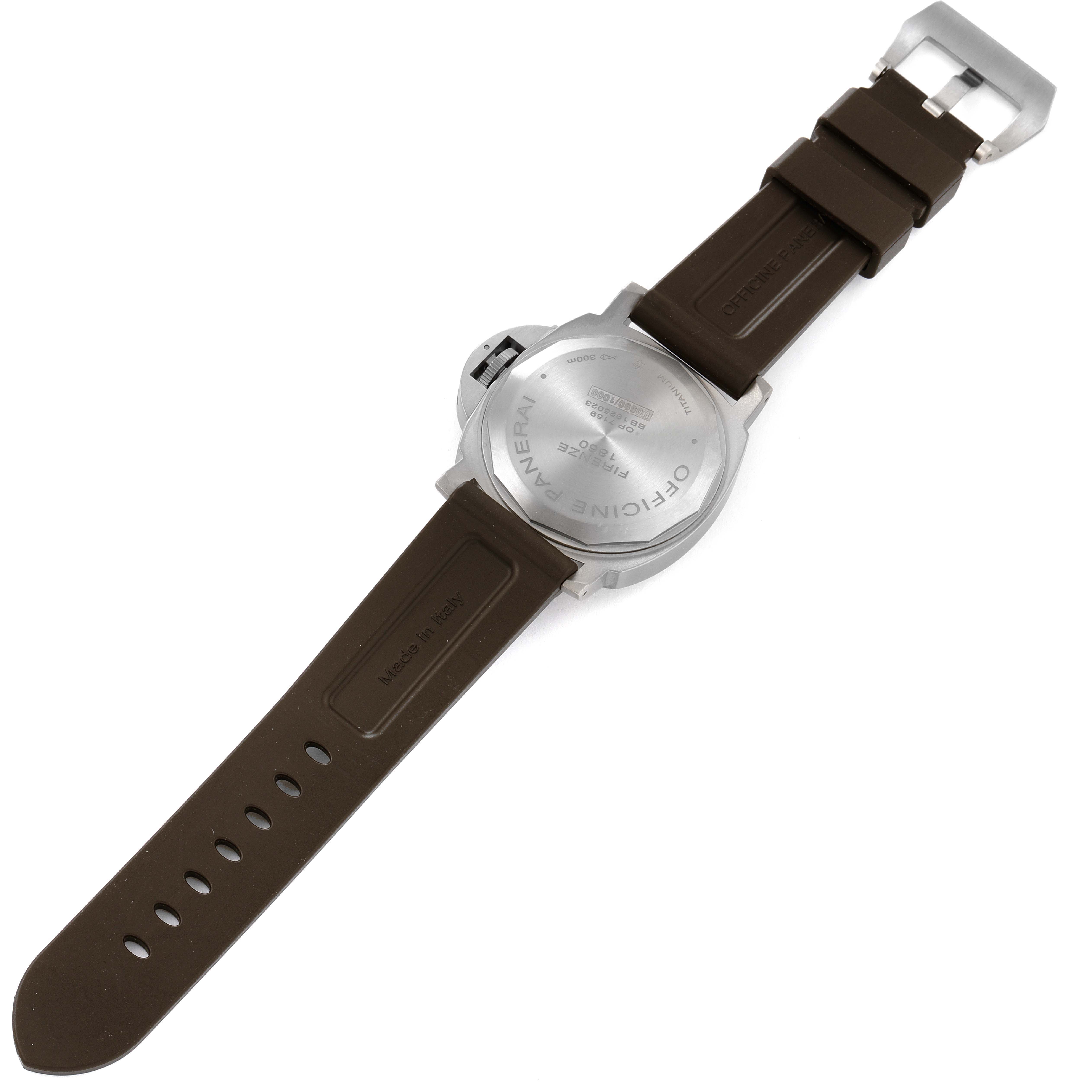 The image shows the back view of the Panerai Luminor PAM00797 Men's Titanium Brown Dial PAM00797 Men's Titanium Brown Dial watch, highlighting its case back and brown strap.
