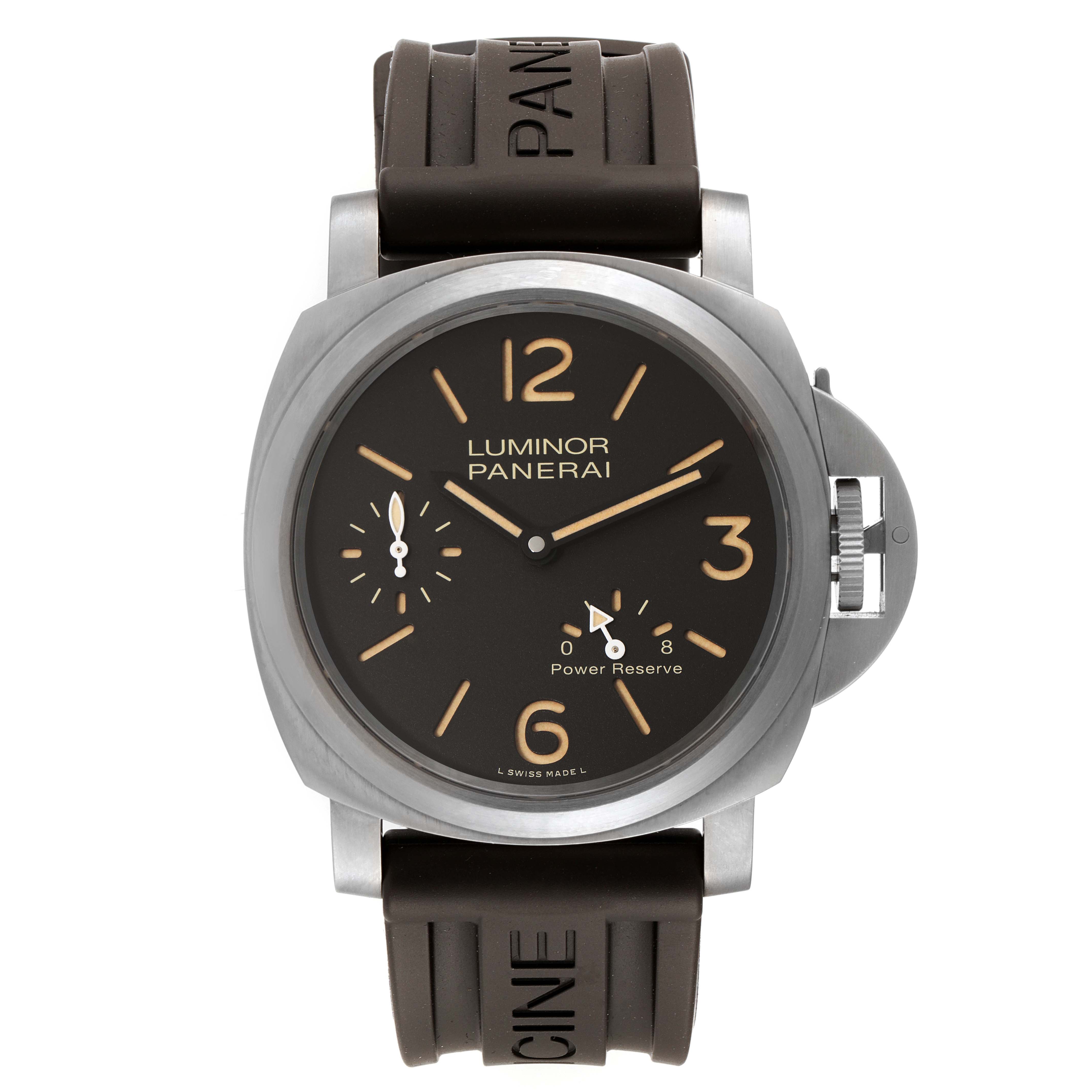 This image shows a front view of the Panerai Luminor PAM00797 Men's Titanium Brown Dial PAM00797 Men's Titanium Brown Dial watch, featuring its dial, case, strap, and crown protector.