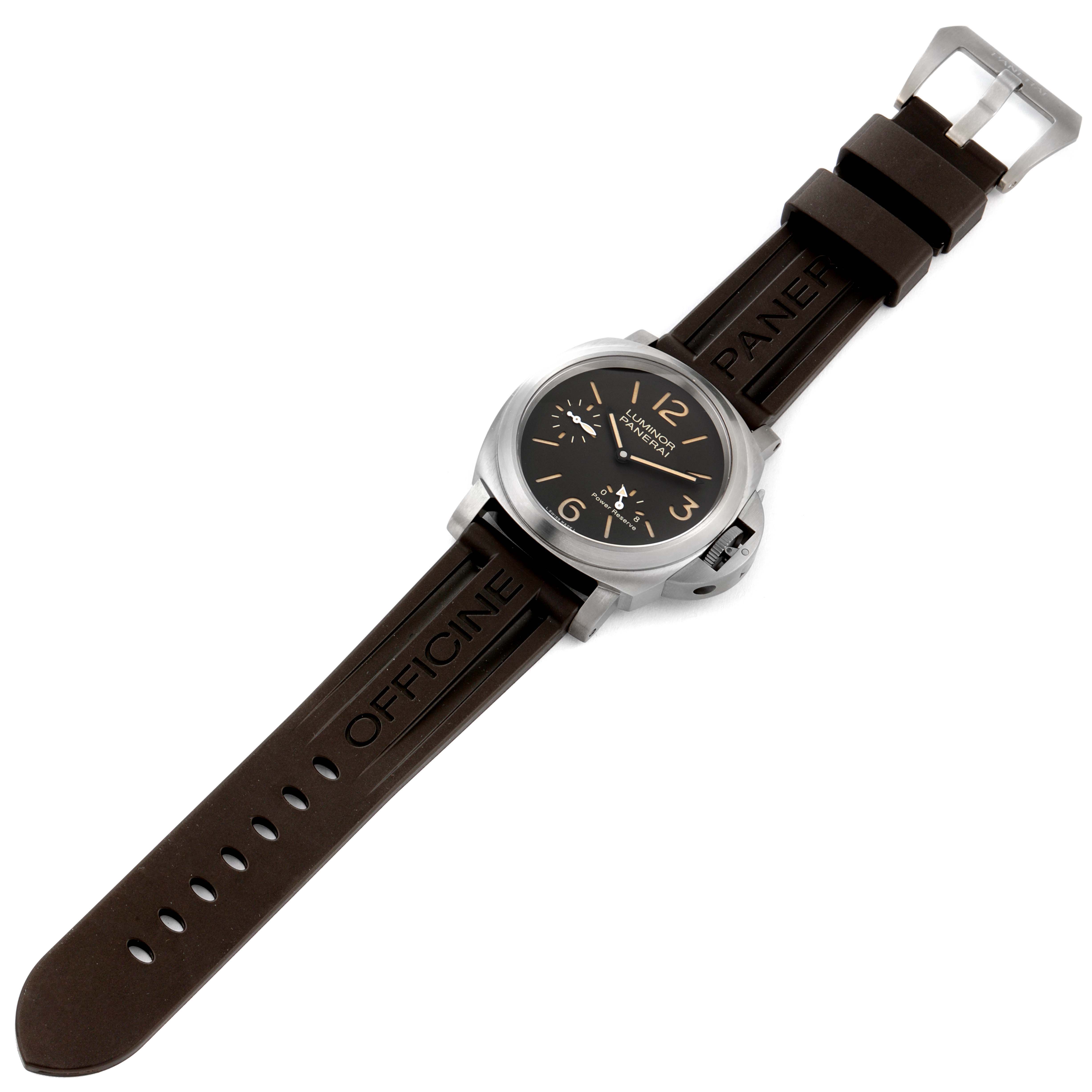 The Panerai Luminor PAM00797 Men's Titanium Brown Dial PAM00797 Men's Titanium Brown Dial watch is shown from a top-down angle, displaying its dial, bezel, and brown rubber strap.