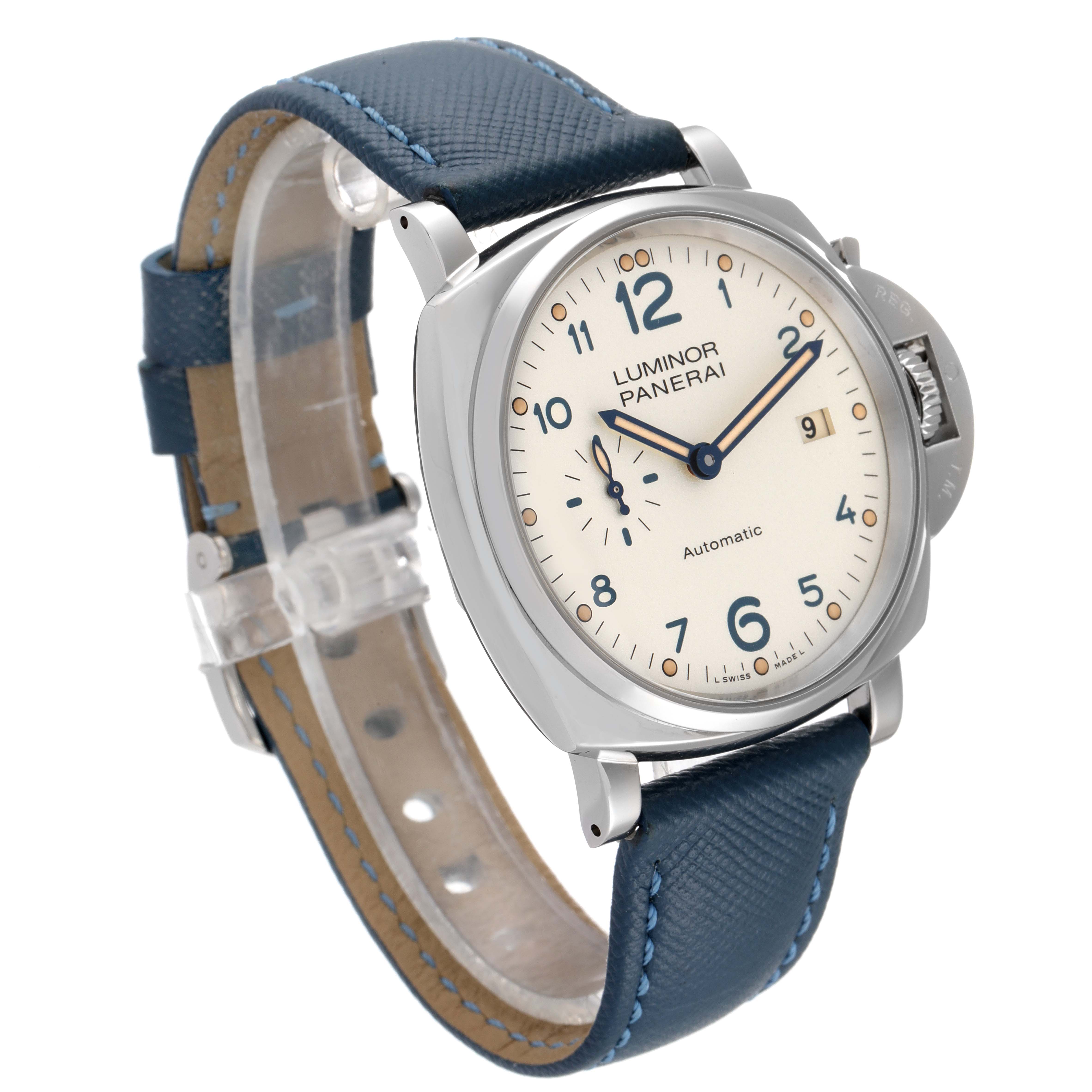 The image shows a Panerai Luminor Due PAM00906 Men's Stainless Steel Beige Dial PAM00906 Men's Stainless Steel Beige Dial watch at a slight left angle, highlighting the face, case, crown, and strap.