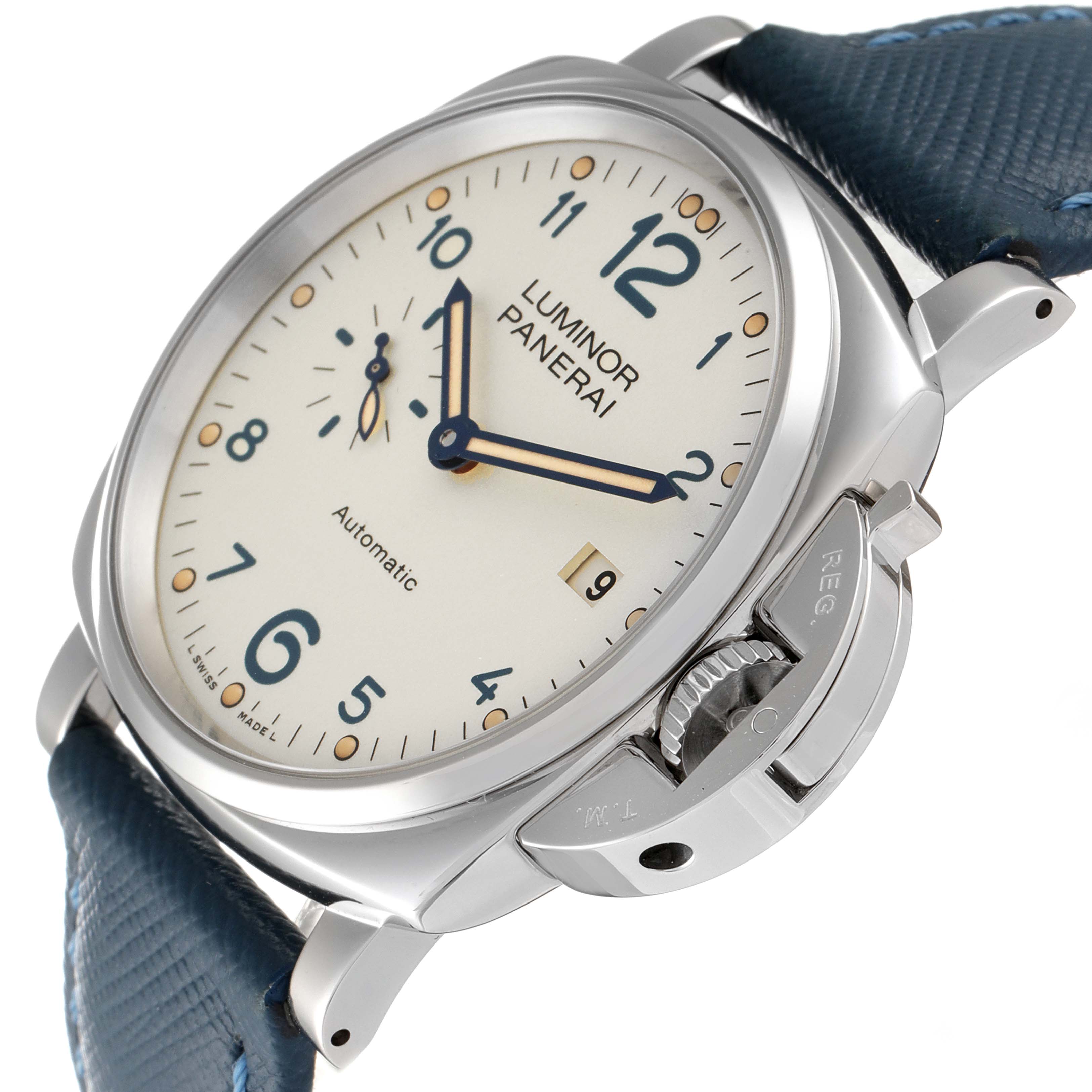 The image shows a Panerai Luminor Due PAM00906 Men's Stainless Steel Beige Dial PAM00906 Men's Stainless Steel Beige Dial watch at an angle highlighting the dial, crown guard, and part of the strap.