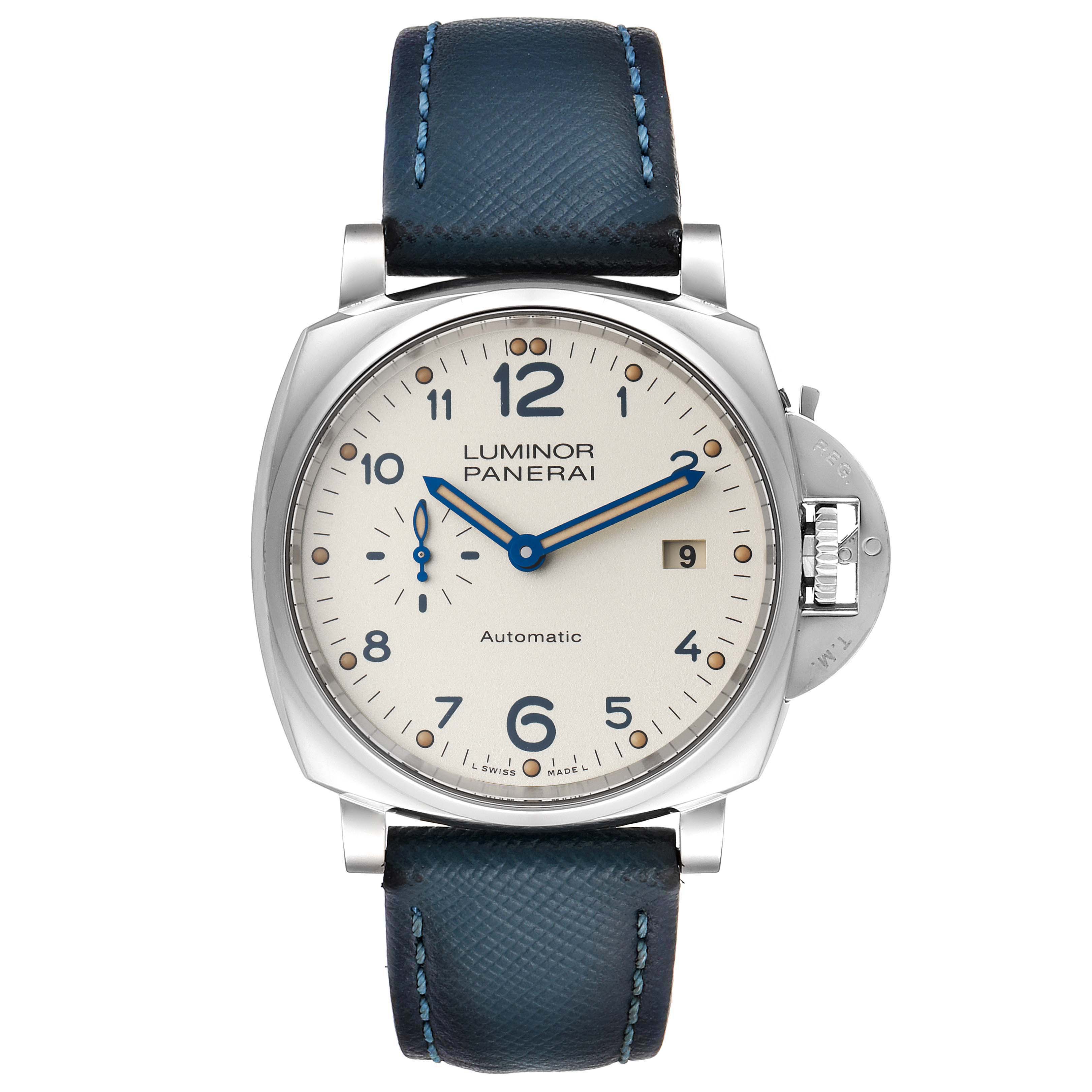 The image shows a front view of the Panerai Luminor Due PAM00906 Men's Stainless Steel Beige Dial PAM00906 Men's Stainless Steel Beige Dial watch displaying its dial, numerals, hands, date window, and the blue leather strap.