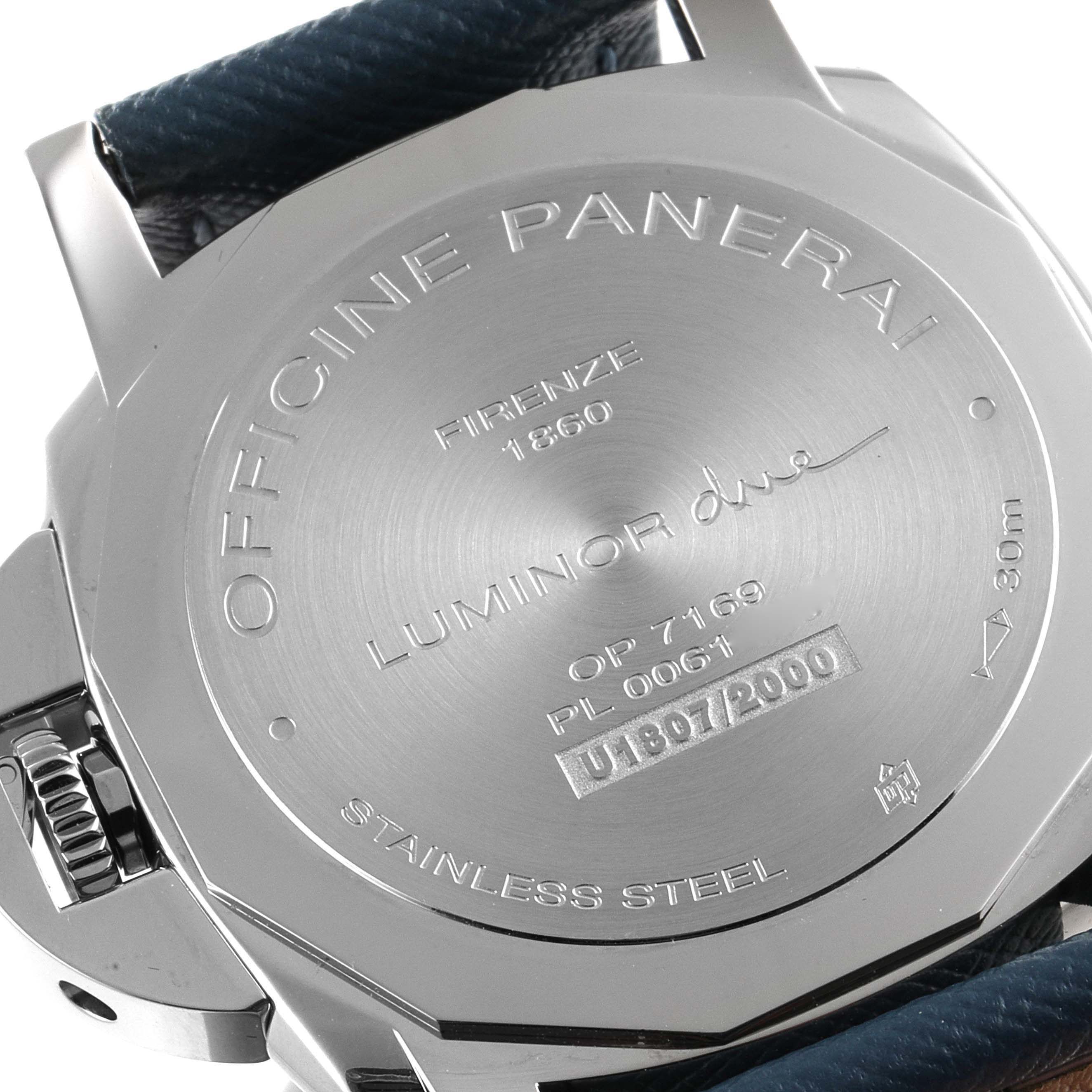 The image shows the case back of the Panerai Luminor Due PAM00906 Men's Stainless Steel Beige Dial PAM00906 Men's Stainless Steel Beige Dial model watch, highlighting the engravings and strap attachment.