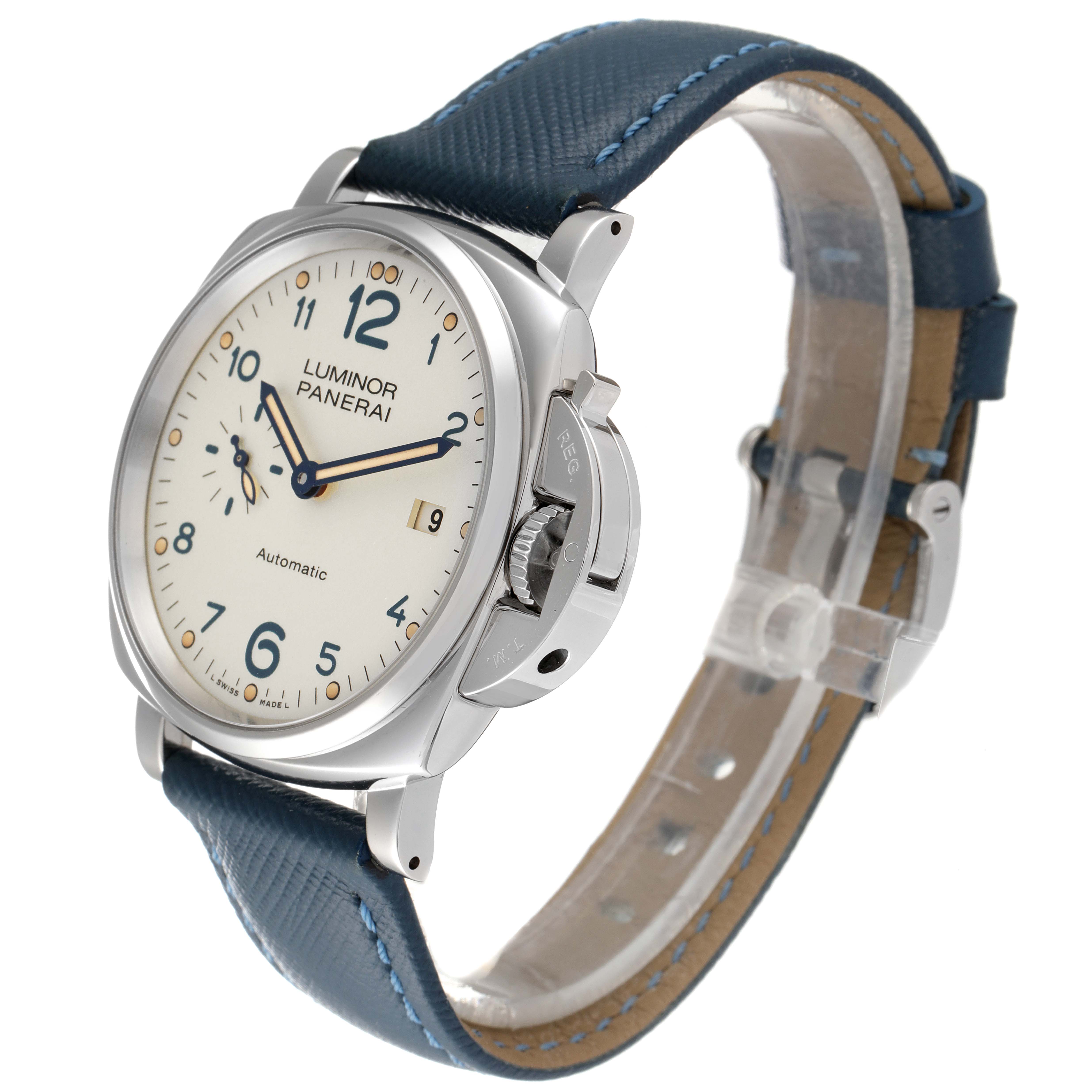 The Panerai Luminor Due PAM00906 Men's Stainless Steel Beige Dial PAM00906 Men's Stainless Steel Beige Dial watch is shown at a three-quarter angle, displaying the face, crown guard, and strap.