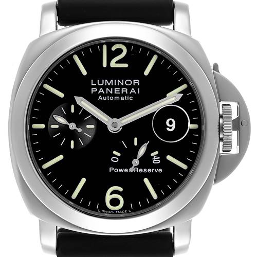 The Luminor by Panerai is shown from the front, highlighting the dial, power reserve indicator, and crown guard.