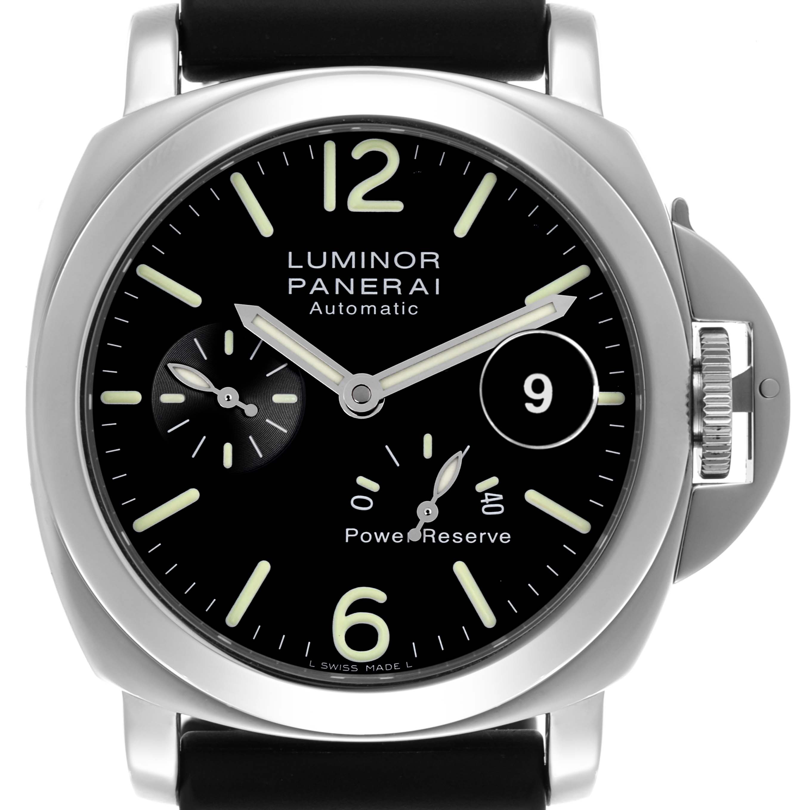 The Panerai Luminor PAM00090 Men
s Stainless Steel Black Dial PAM00090 Men
s Stainless Steel Black Dial watch is shown from a front angle, highlighting the dial, hands, crown guard, and power reserve indicator.