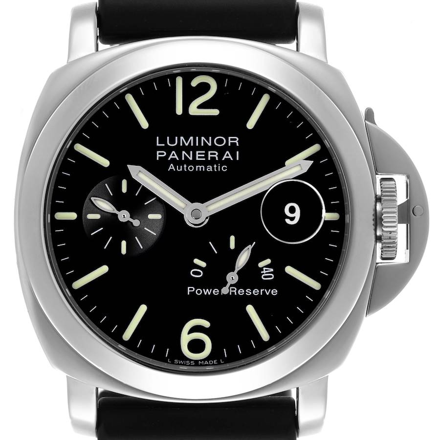 The Panerai Luminor watch is shown from a front angle, highlighting the dial, hands, crown guard, and power reserve indicator.