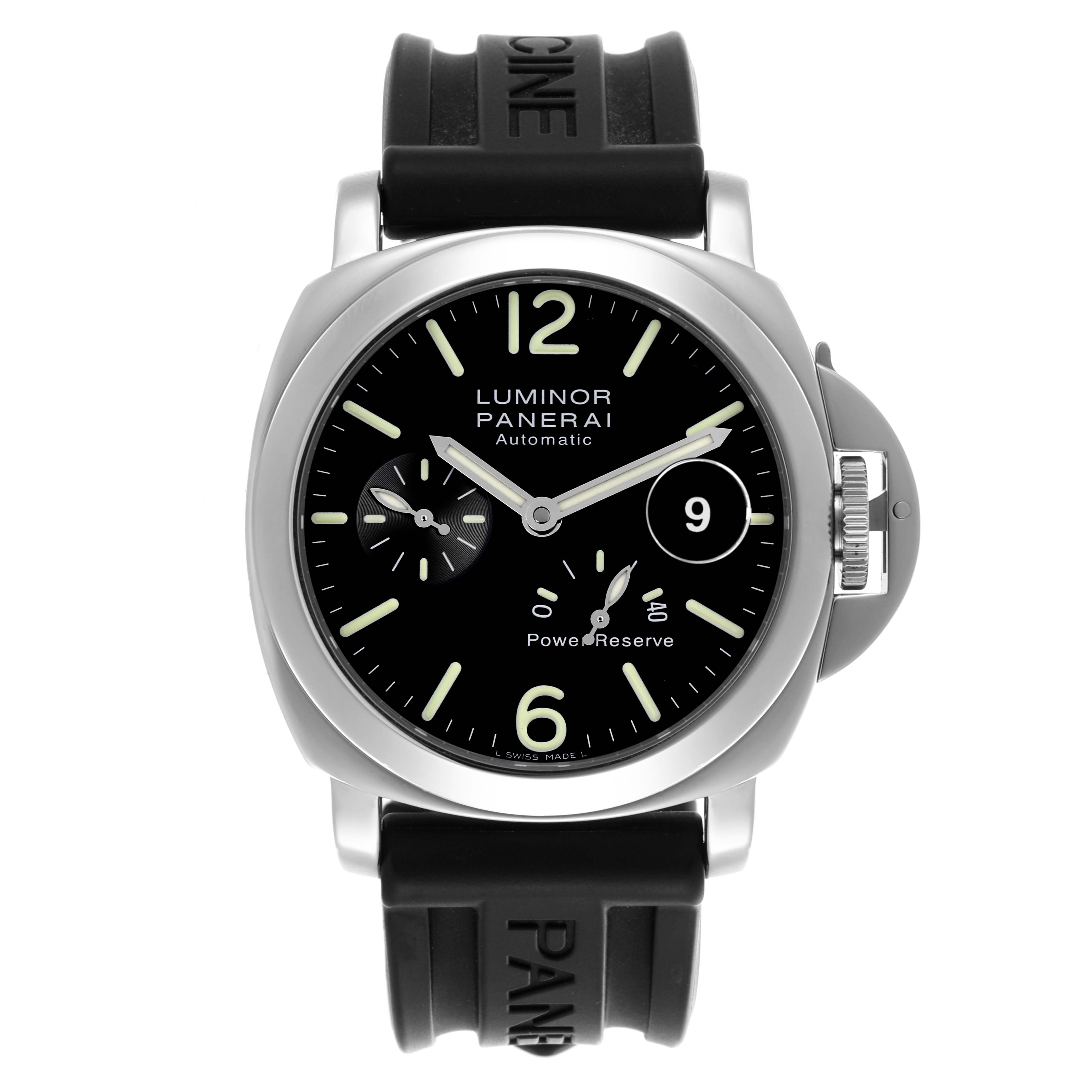 The Panerai Luminor PAM00090 Men
s Stainless Steel Black Dial PAM00090 Men
s Stainless Steel Black Dial model is shown from a front angle, displaying the watch face, strap, and crown guard.