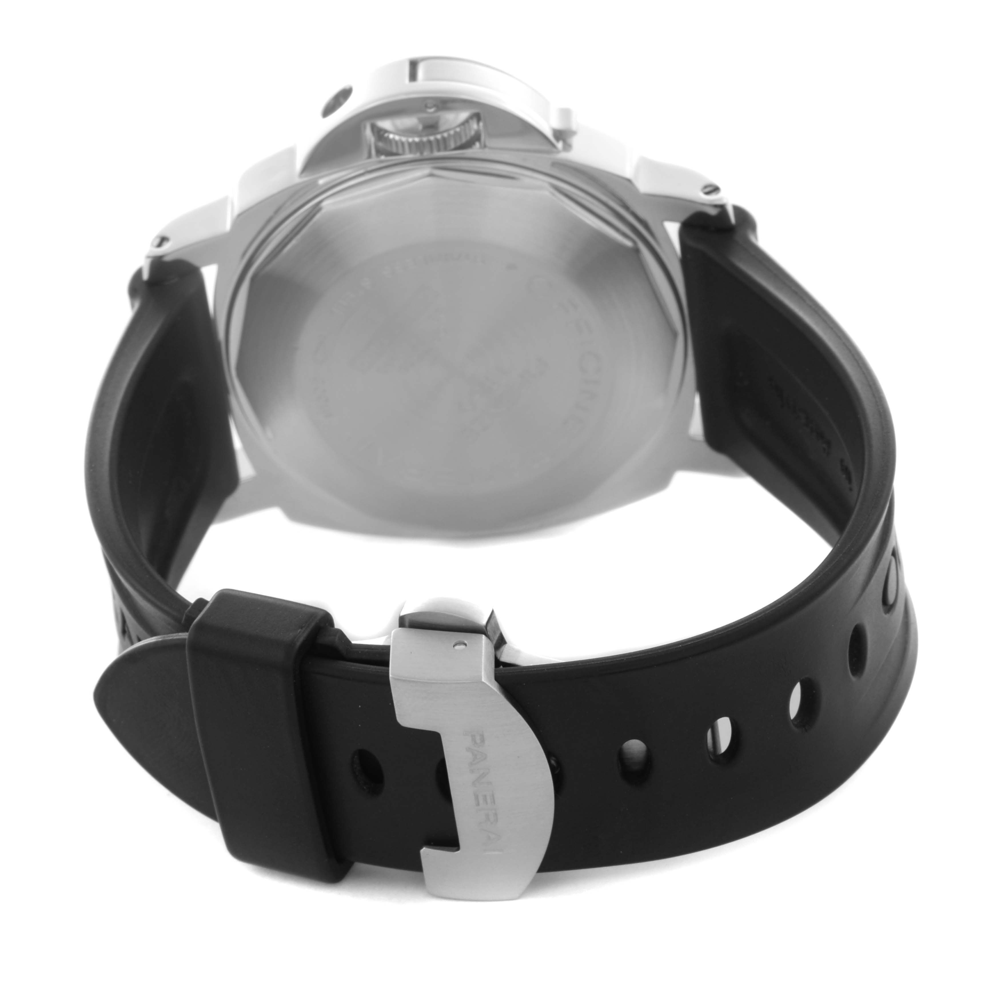 The Panerai Luminor PAM00090 Men
s Stainless Steel Black Dial PAM00090 Men
s Stainless Steel Black Dial watch is shown from the back, highlighting the case back and black rubber strap with a branded buckle.