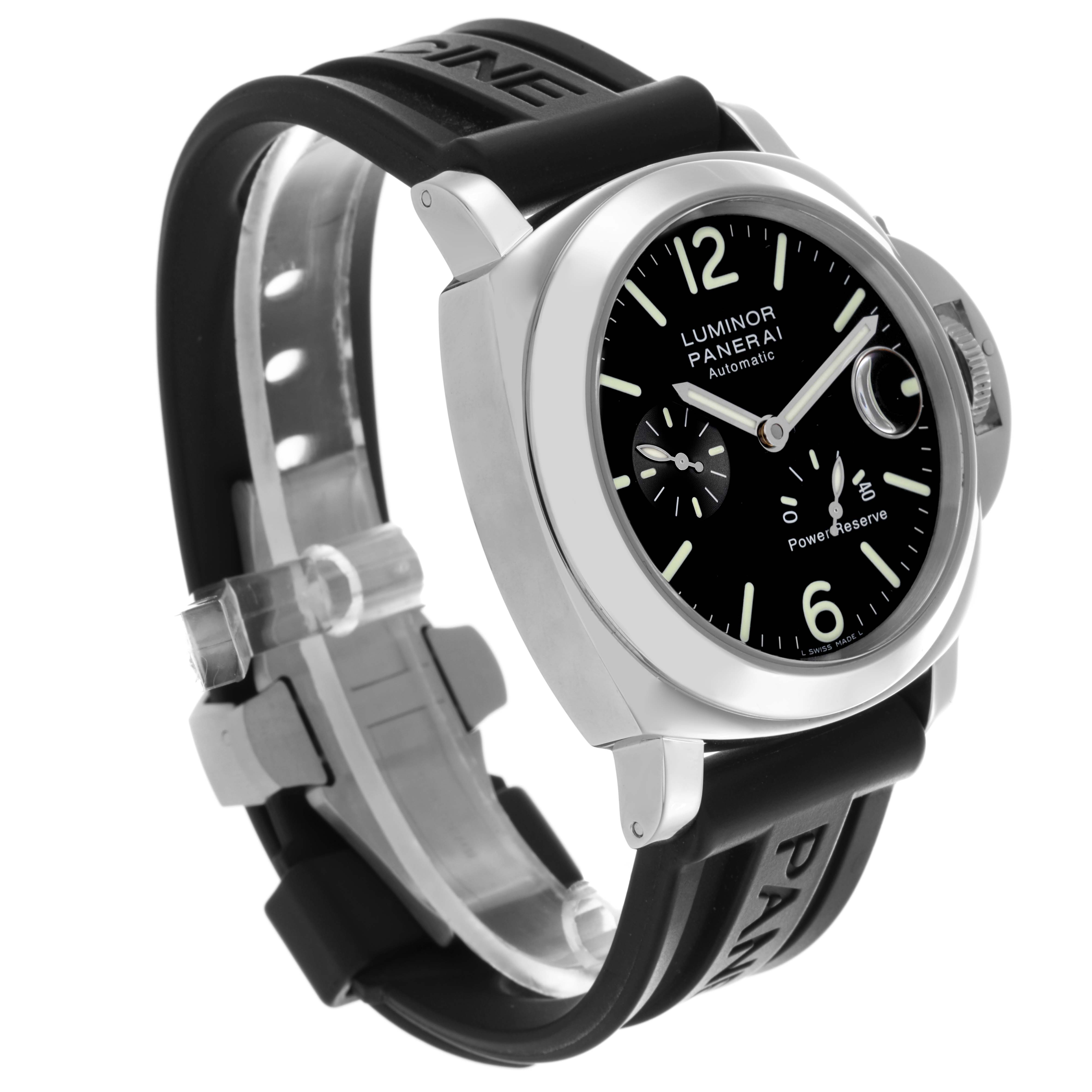 The Panerai Luminor PAM00090 Men
s Stainless Steel Black Dial PAM00090 Men
s Stainless Steel Black Dial watch is shown at a three-quarter angle, displaying the face, crown, and rubber strap.