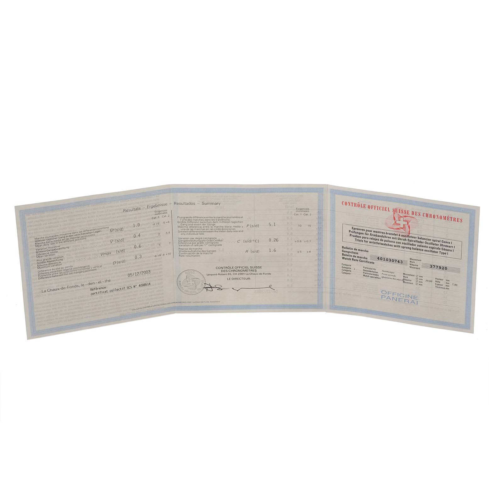 The image shows a certification document open flat, related to a Panerai Luminor PAM00090 Men
s Stainless Steel Black Dial PAM00090 Men
s Stainless Steel Black Dial model watch.