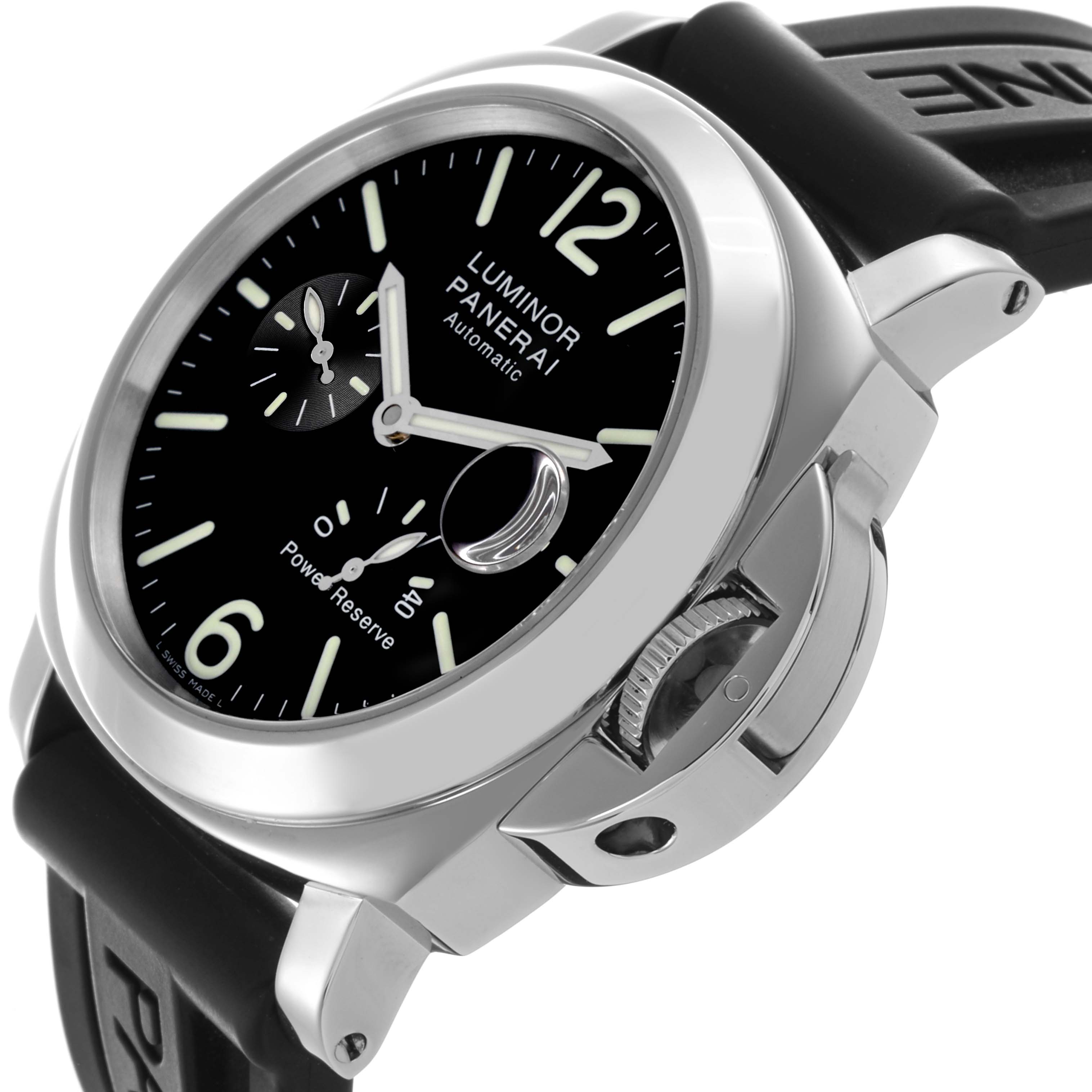 This Panerai Luminor PAM00090 Men
s Stainless Steel Black Dial PAM00090 Men
s Stainless Steel Black Dial watch is shown at an angled side view, highlighting the dial, crown, and strap attachment.