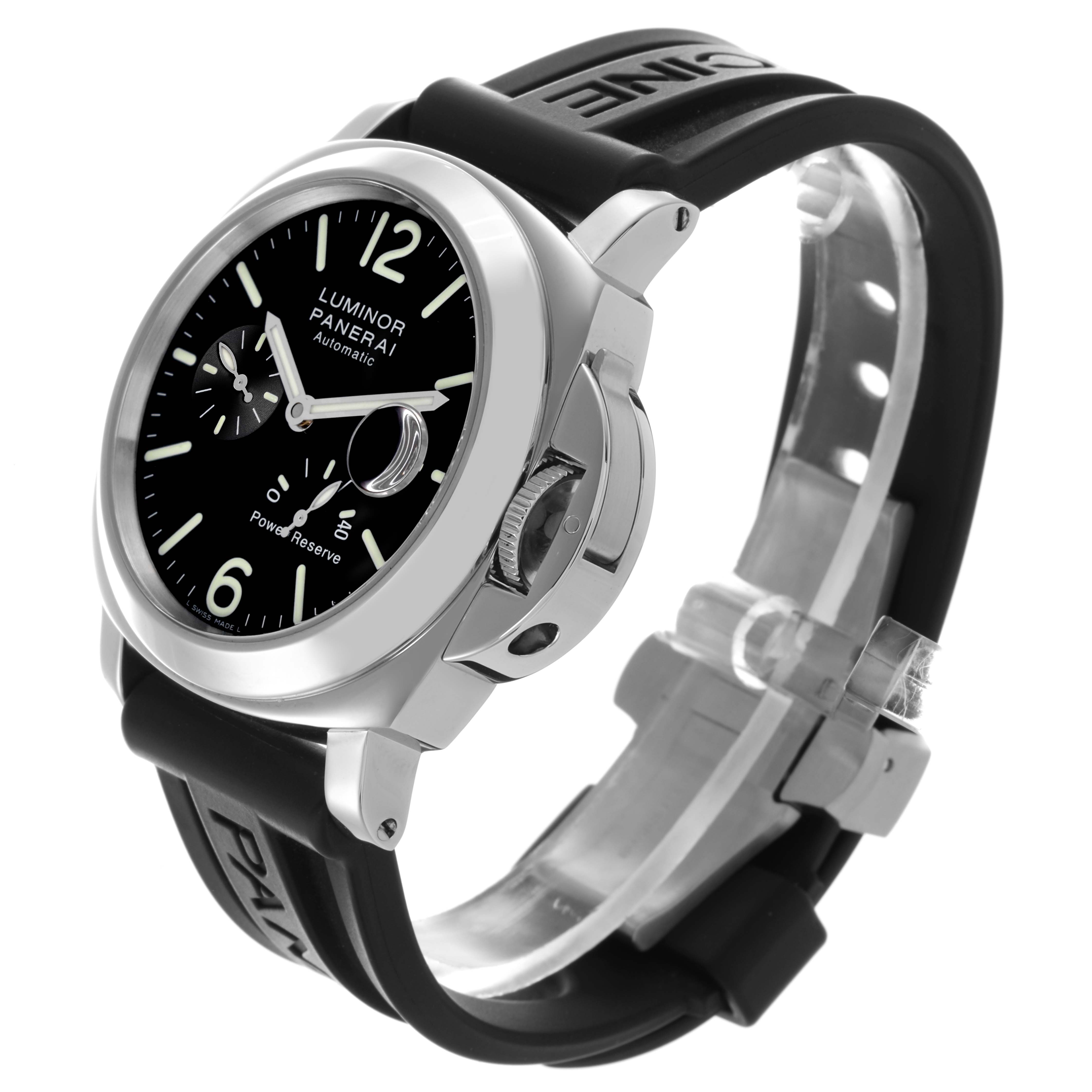 The Panerai Luminor PAM00090 Men
s Stainless Steel Black Dial PAM00090 Men
s Stainless Steel Black Dial watch is shown at an angle highlighting the face, crown guard, and rubber strap.