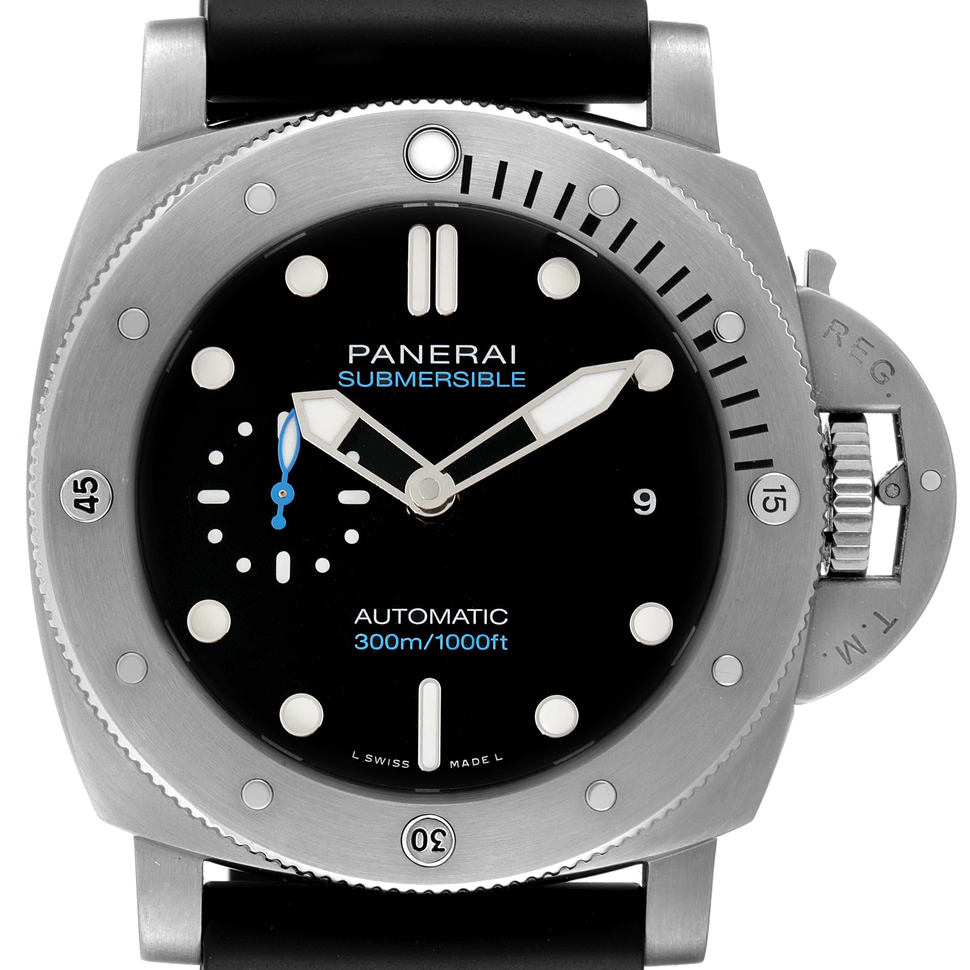 The image shows a front view of the Panerai Submersible PAM01305 Men's Stainless Steel Black Dial PAM01305 Men's Stainless Steel Black Dial watch, showcasing its dial, bezel, and crown guard.