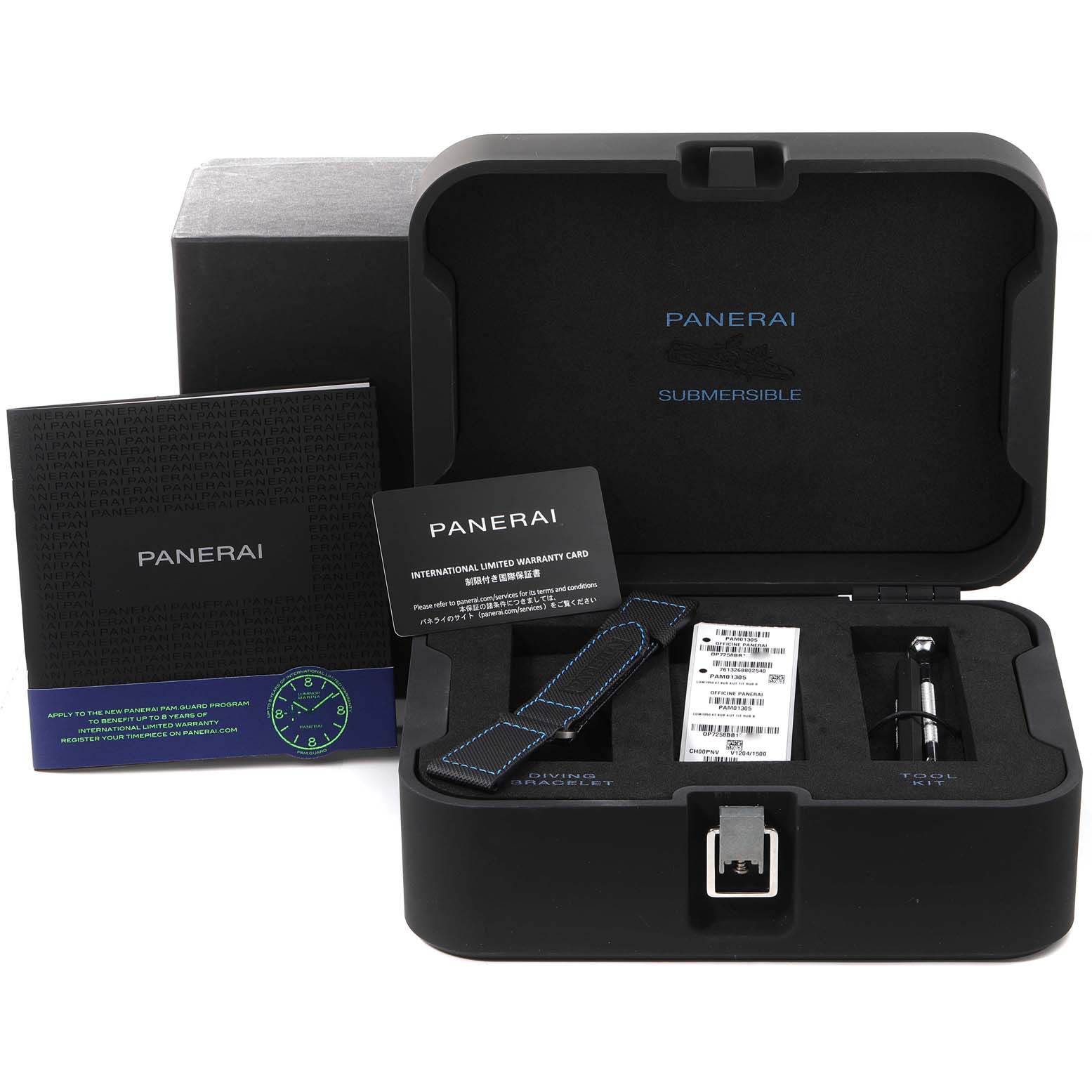 The image shows the packaging of a Panerai Submersible PAM01305 Men's Stainless Steel Black Dial PAM01305 Men's Stainless Steel Black Dial watch, including warranty cards, an extra strap, and a tool kit from a top-down angle.