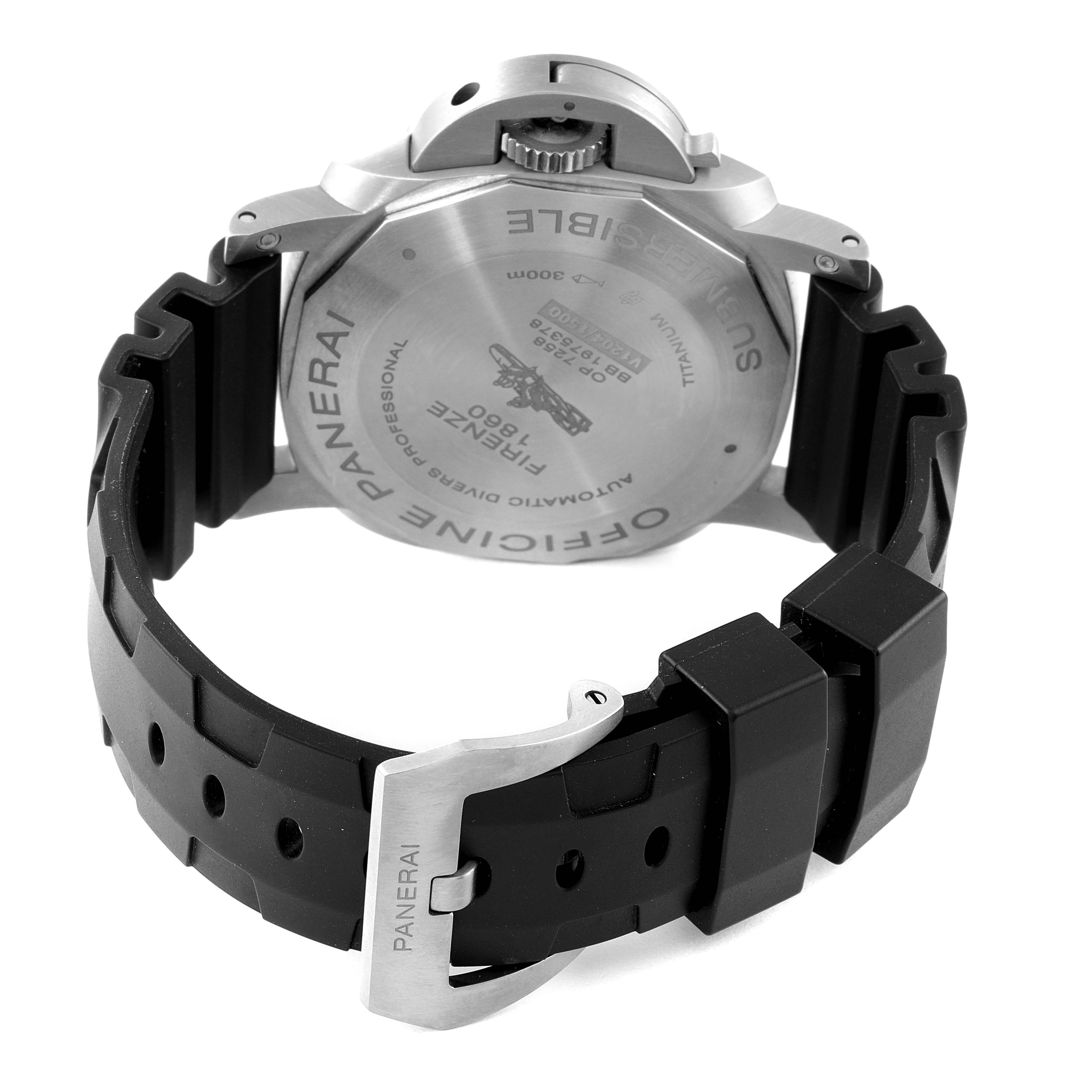 The image shows the back case and strap of a Panerai Submersible PAM01305 Men's Stainless Steel Black Dial PAM01305 Men's Stainless Steel Black Dial watch at an angled view.