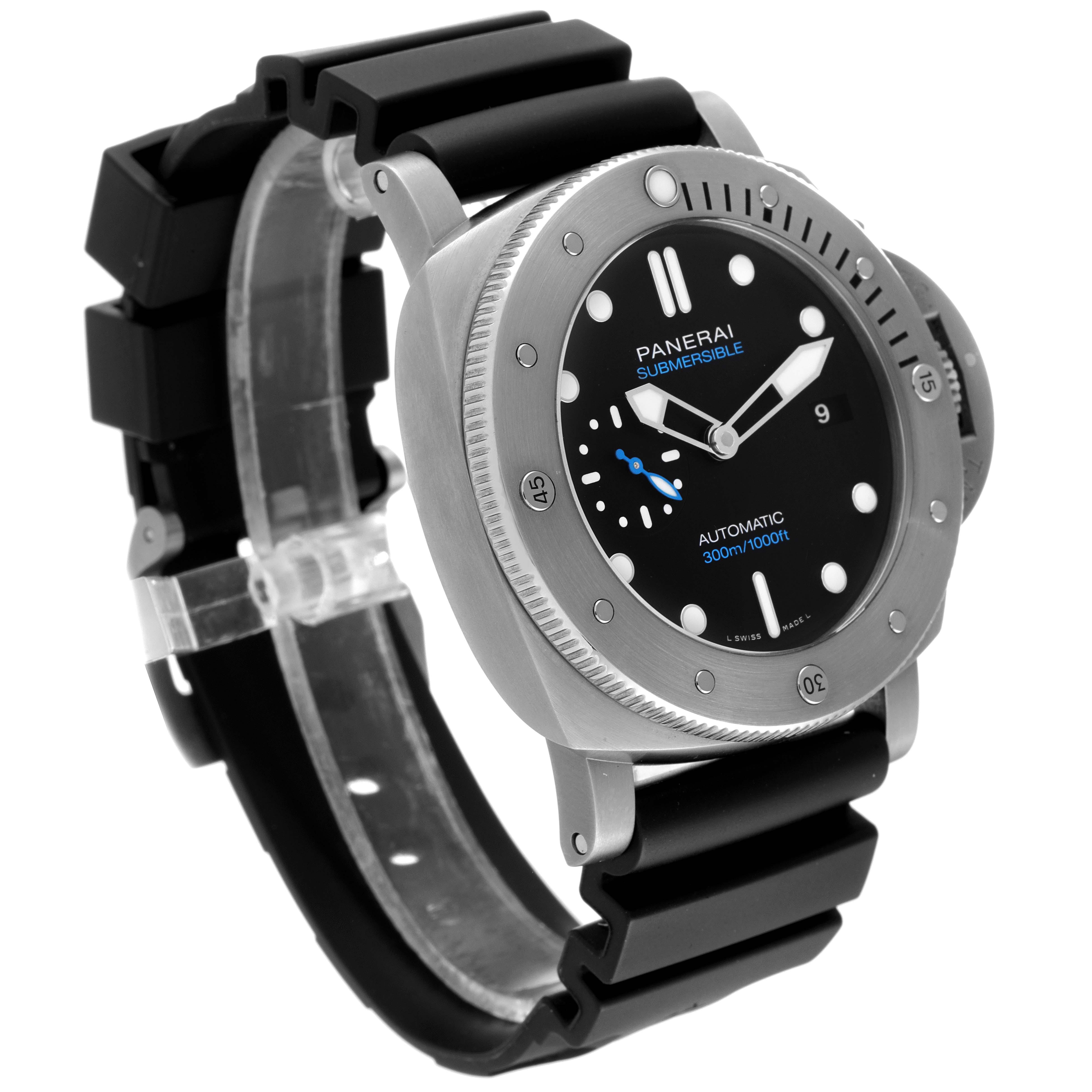 The Panerai Submersible PAM01305 Men's Stainless Steel Black Dial PAM01305 Men's Stainless Steel Black Dial watch is shown at a three-quarter angle, highlighting the face, bezel, and part of the black strap.