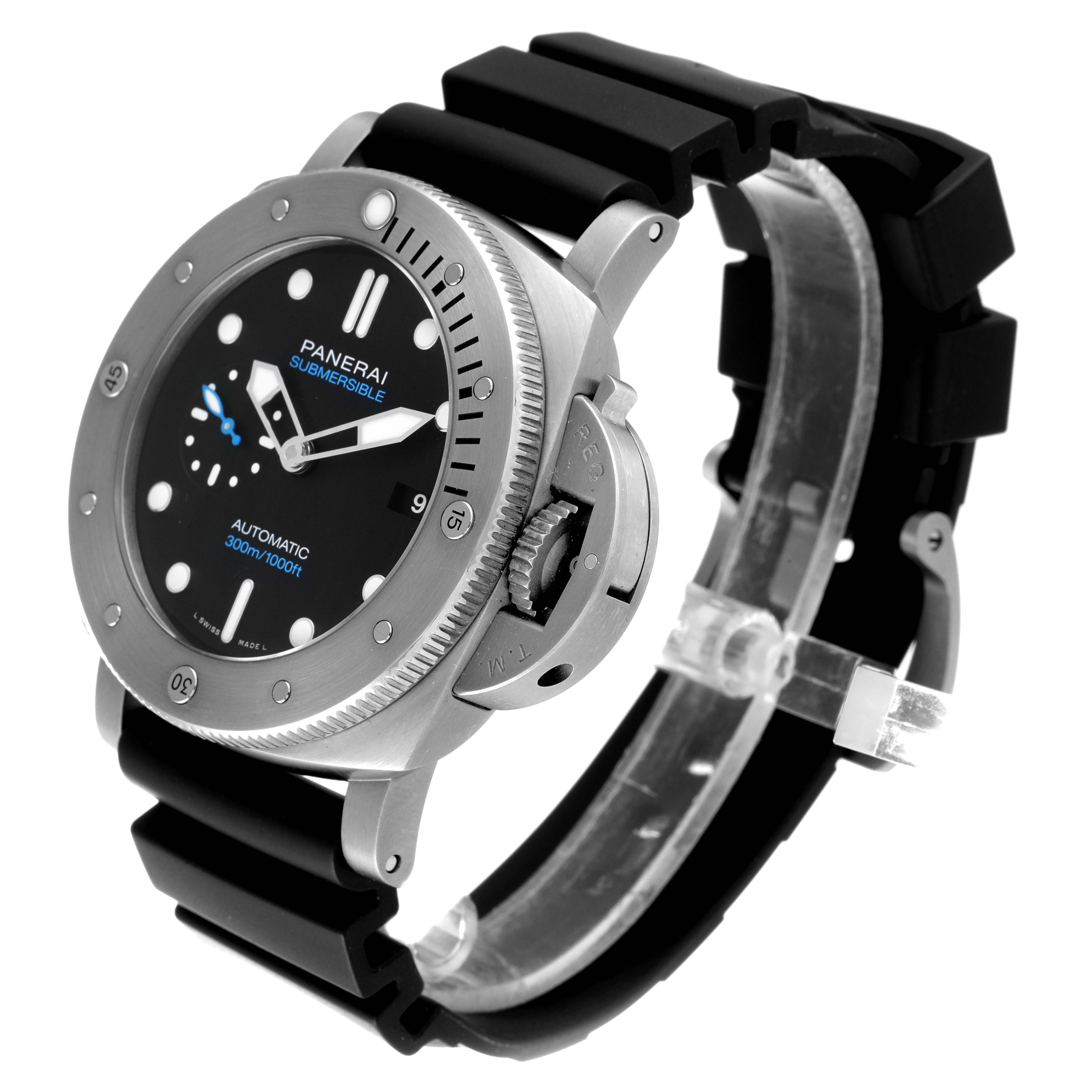 The Panerai Submersible PAM01305 Men's Stainless Steel Black Dial PAM01305 Men's Stainless Steel Black Dial watch is shown at a slight side angle, displaying the dial, bezel, crown guard, and rubber strap.