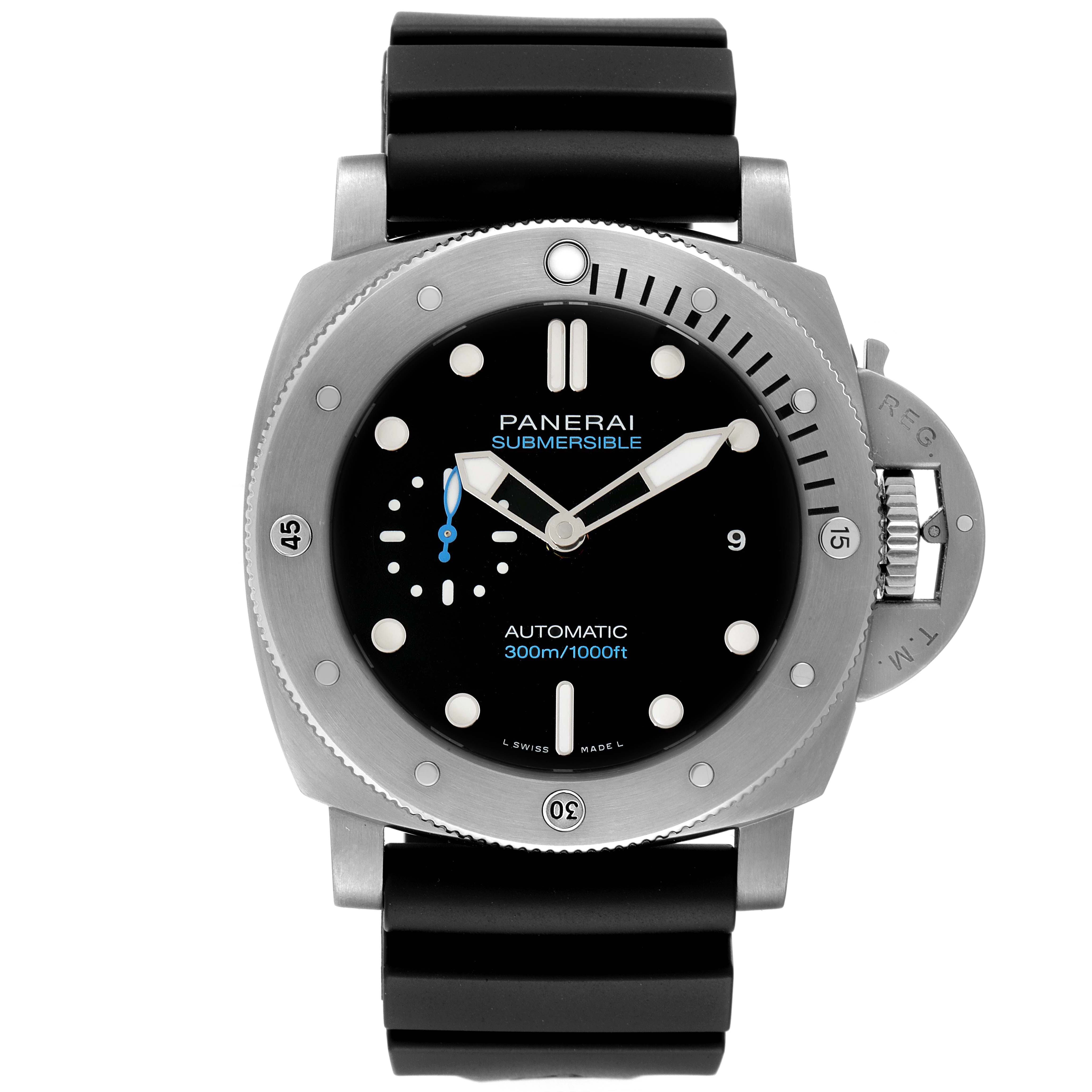The Panerai Submersible PAM01305 Men's Stainless Steel Black Dial PAM01305 Men's Stainless Steel Black Dial watch is shown from the front, displaying the dial, bezel, crown, and strap.