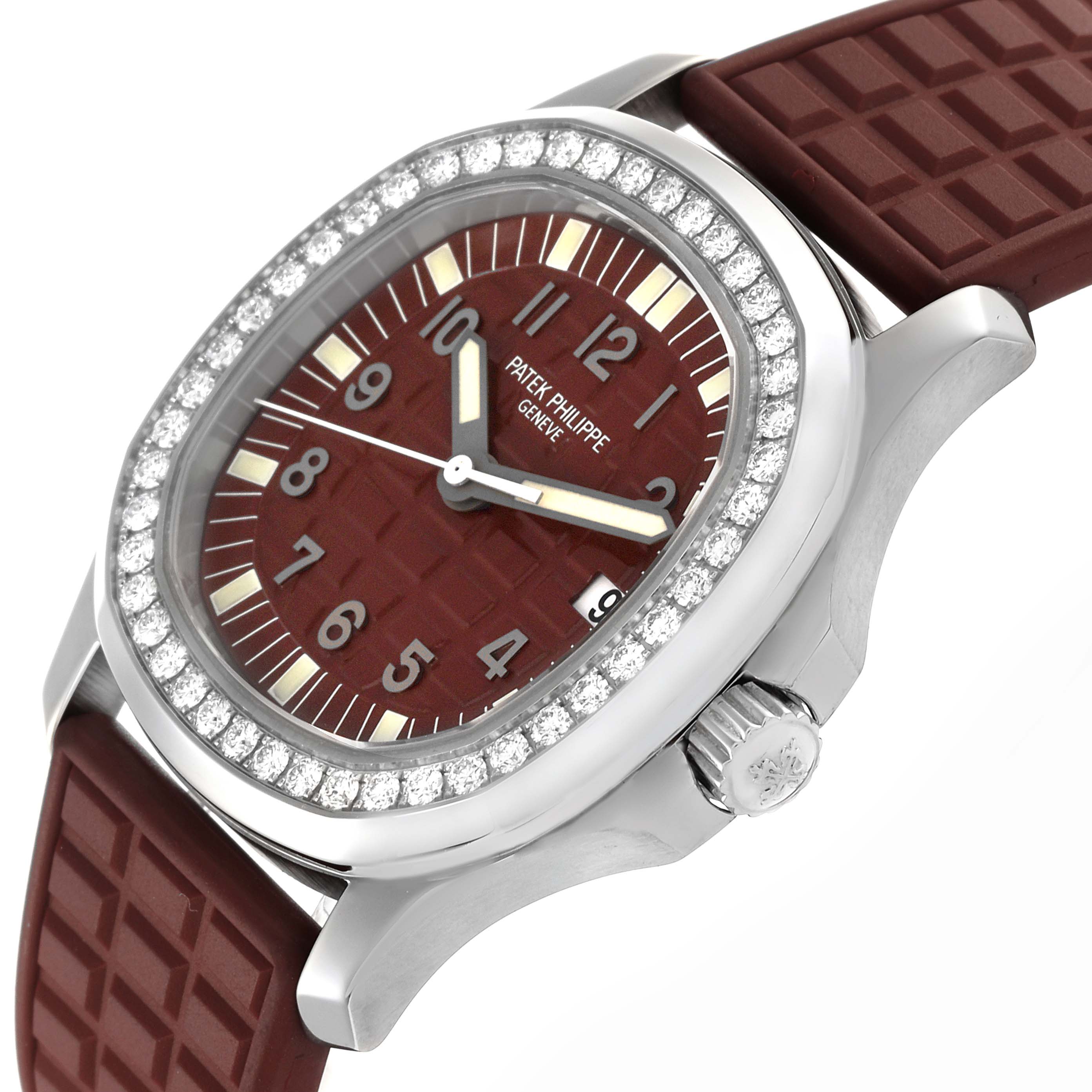 The Patek Philippe Aquanaut 5067A-027 Women's Stainless Steel Red Dial 5067A-027 Women's Stainless Steel Red Dial watch is shown at a slight side angle, highlighting the bezel, dial, and crown.