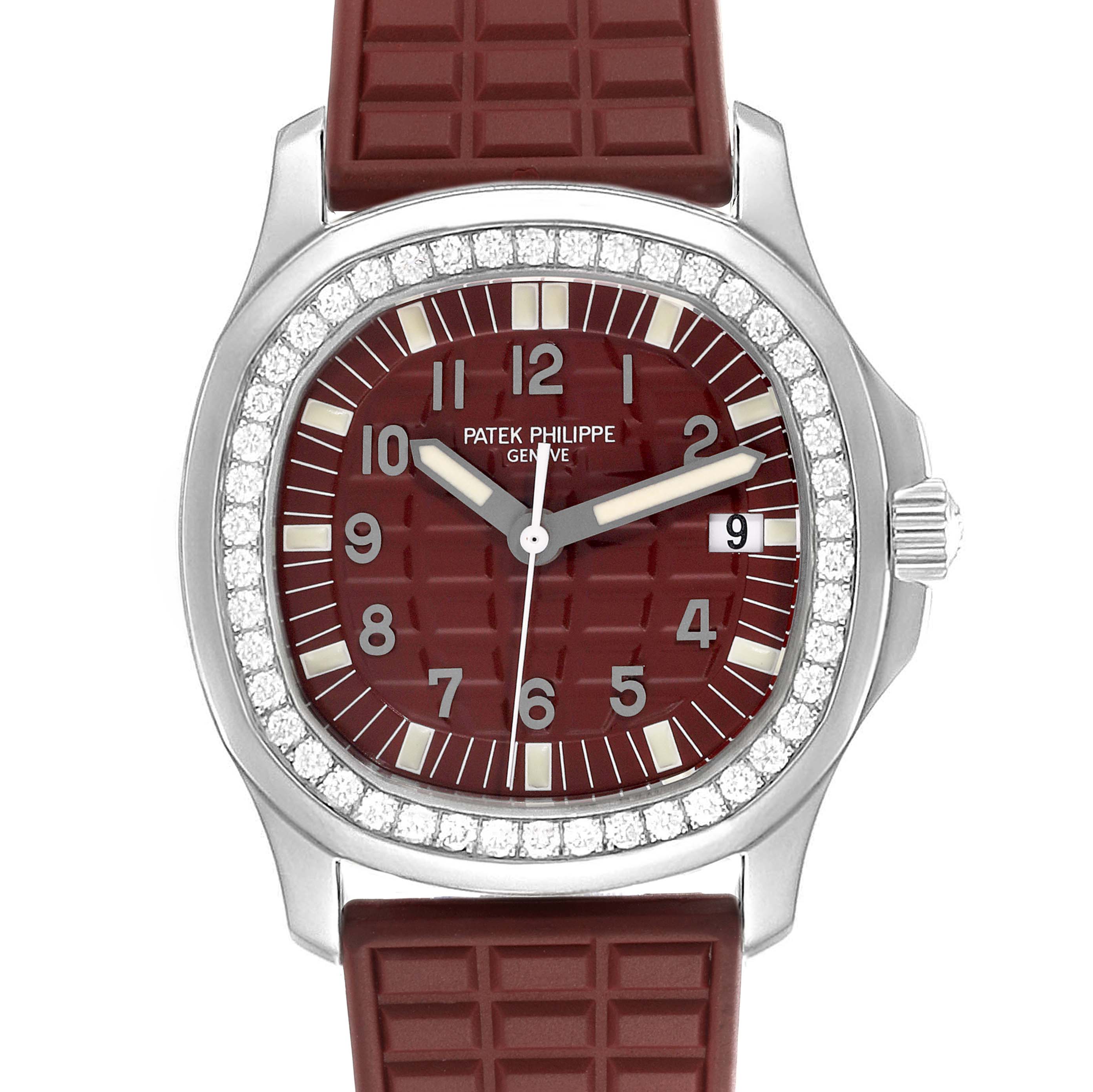 The Patek Philippe Aquanaut 5067A-027 Women's Stainless Steel Red Dial 5067A-027 Women's Stainless Steel Red Dial watch is shown from the front, highlighting its burgundy dial, diamond bezel, and rubber strap.