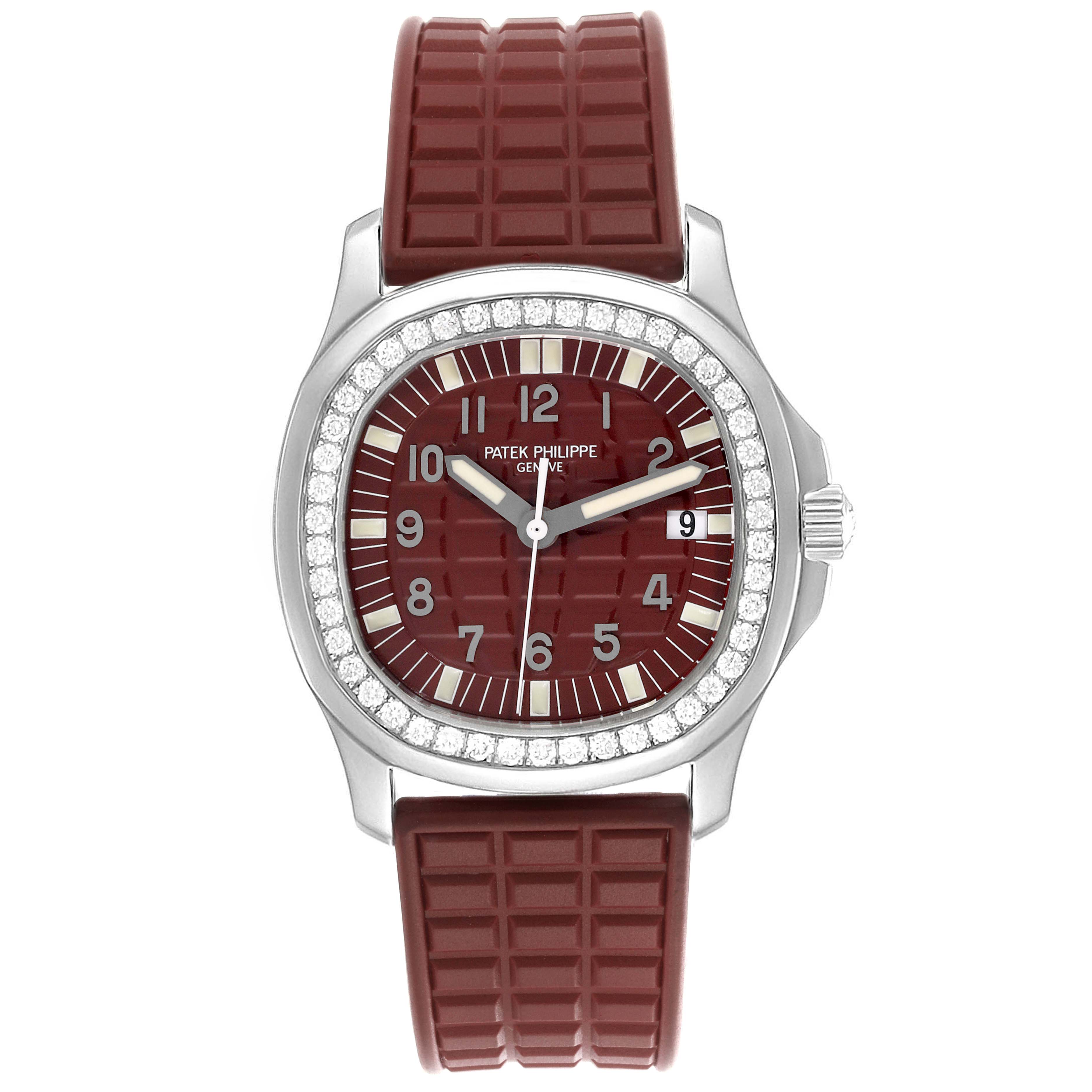 The image shows a frontal view of a Patek Philippe Aquanaut 5067A-027 Women's Stainless Steel Red Dial 5067A-027 Women's Stainless Steel Red Dial watch with a maroon face and strap, diamond bezel, and visible crown.