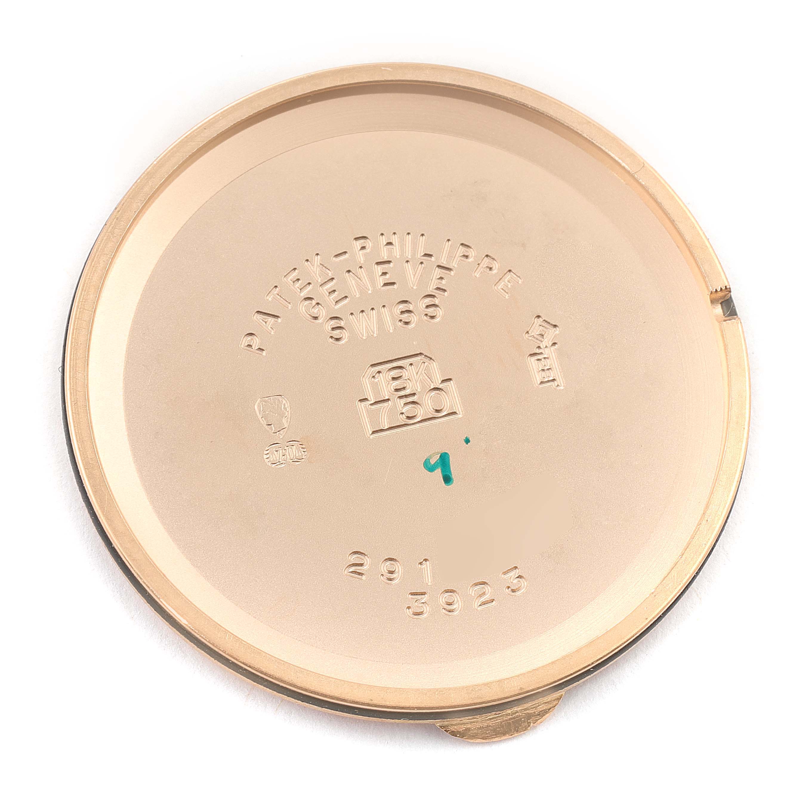 This image shows the inner case back of a Patek Philippe Calatrava 3923R Men's Rose Gold Silver Dial 3923R Men's Rose Gold Silver Dial watch, focusing on the engraved details.